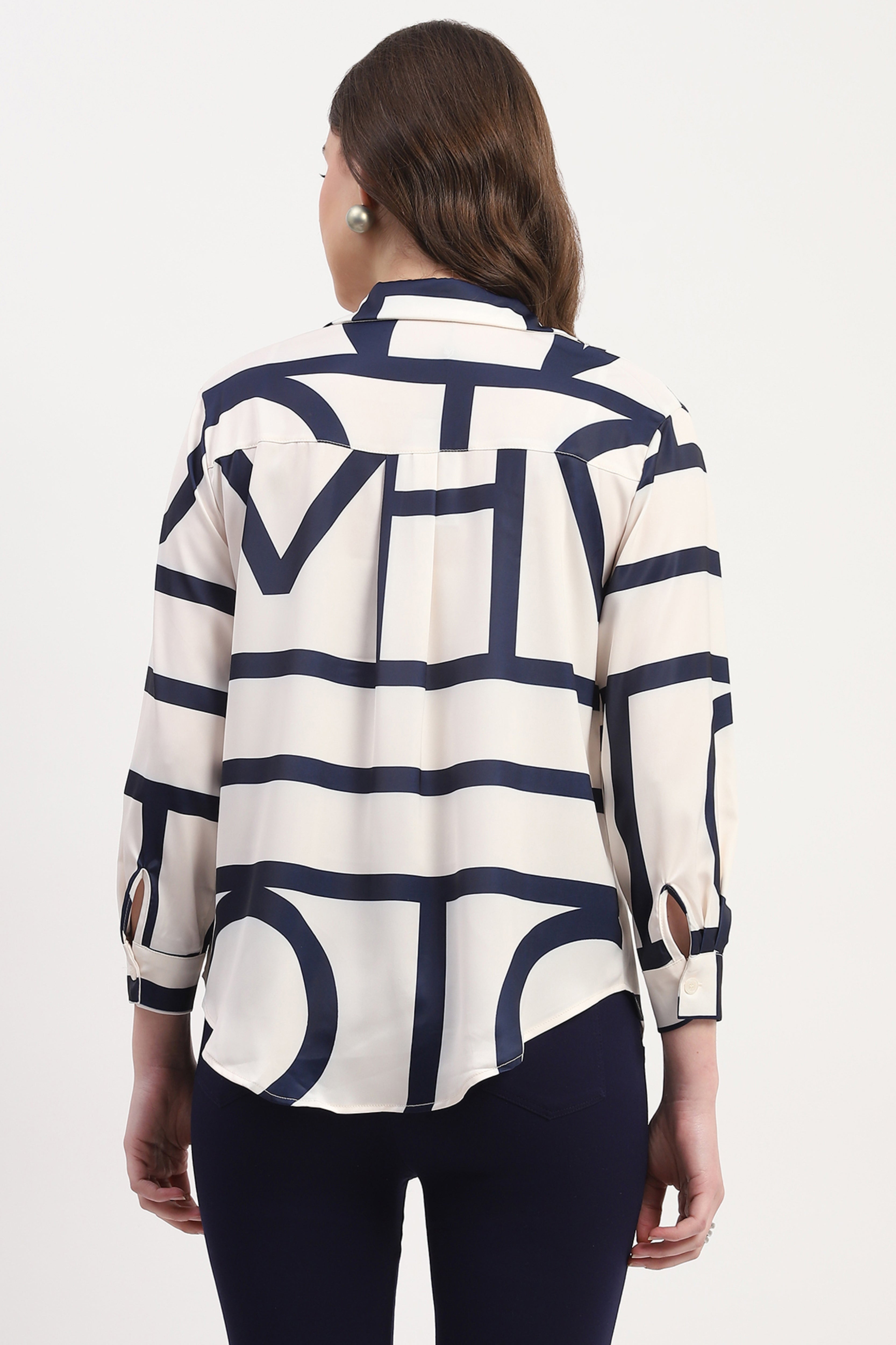 Cream Poly Satin Abstract Print Shirt