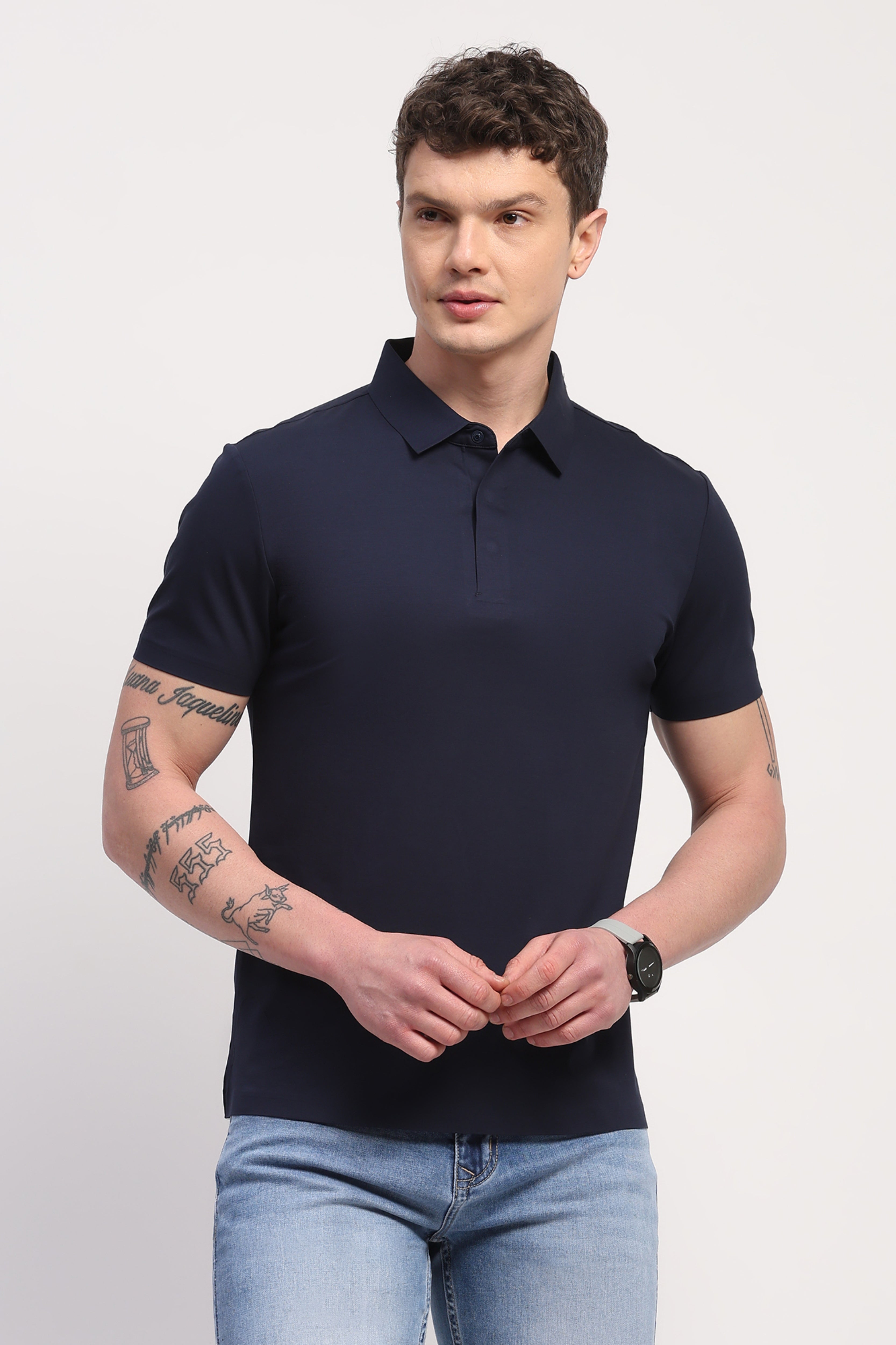 Navy Blue Premium Cotton Spandex Solid T-Shirt