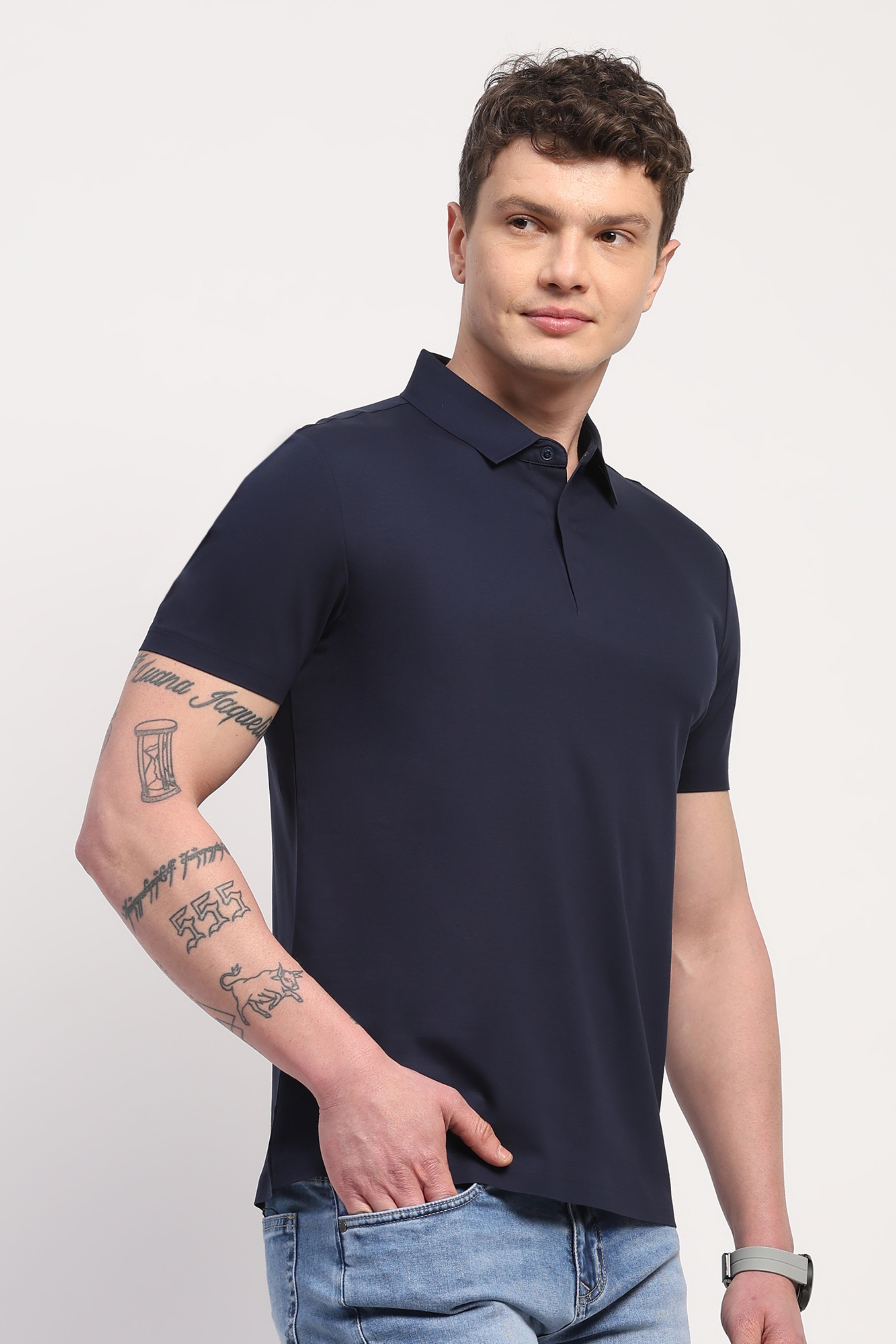 Navy Blue Premium Cotton Spandex Solid T-Shirt