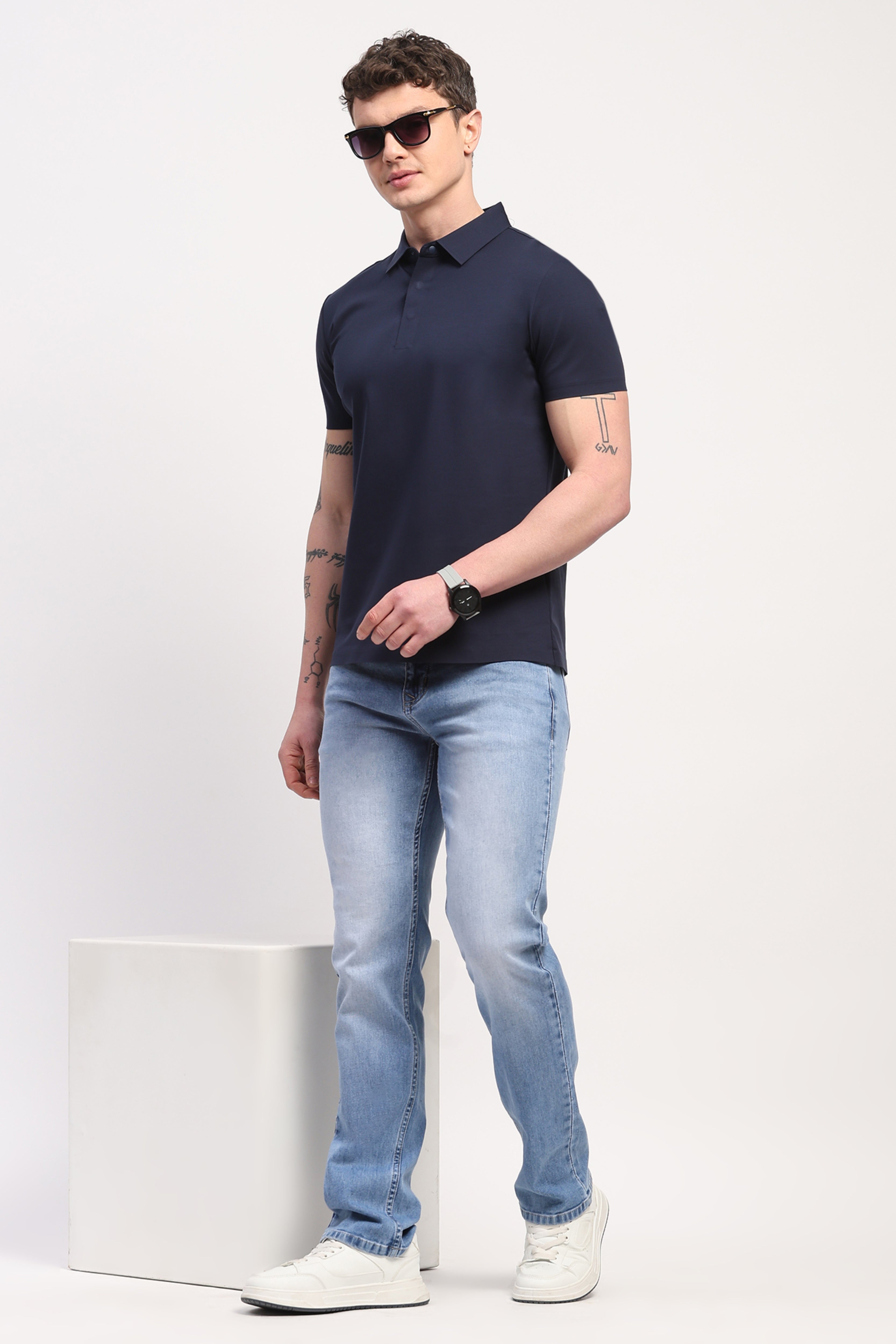Navy Blue Premium Cotton Spandex Solid T-Shirt