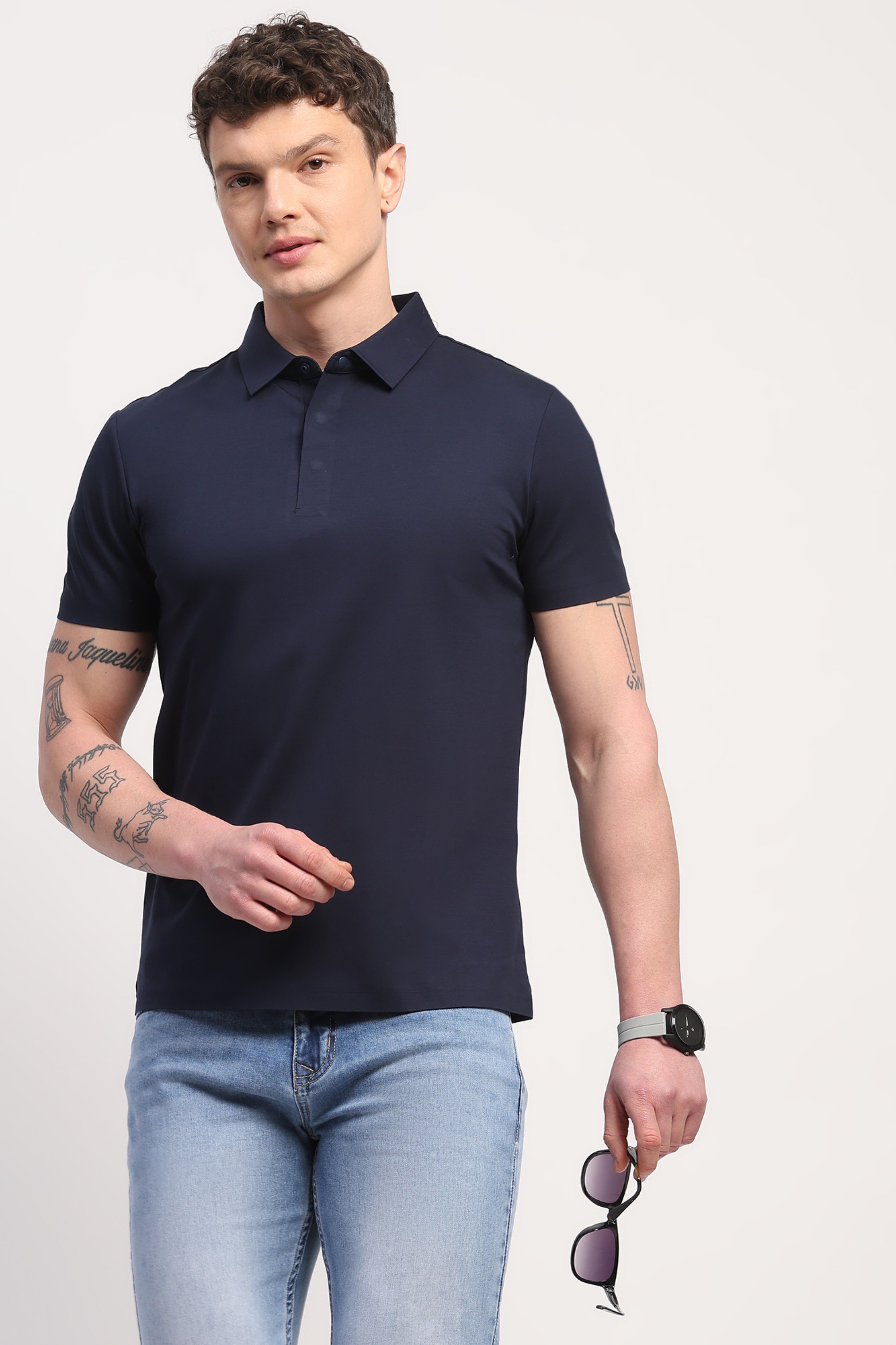 Navy Blue Premium Cotton Spandex Solid T-Shirt