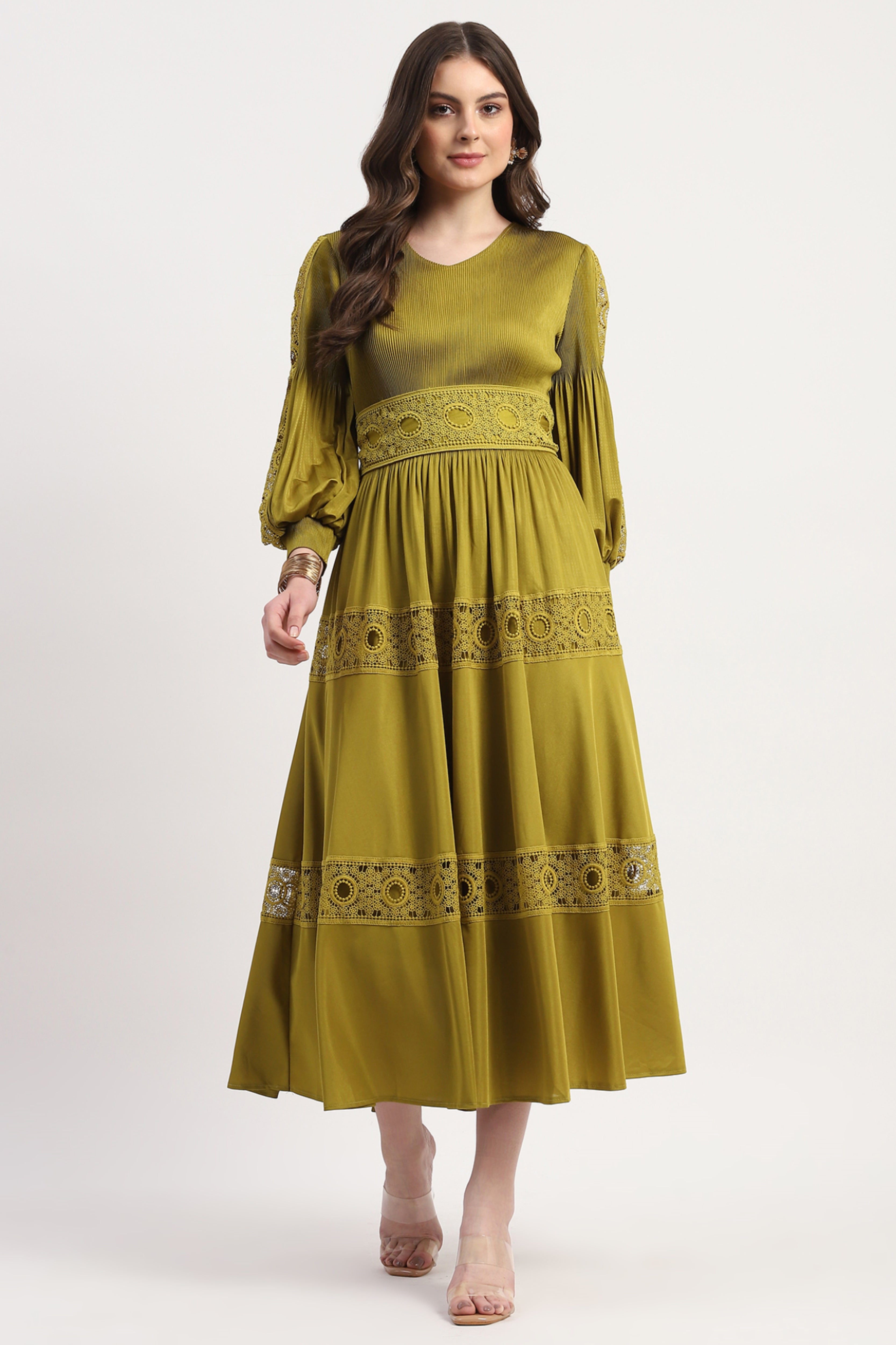 Green Polyester Solid Dress