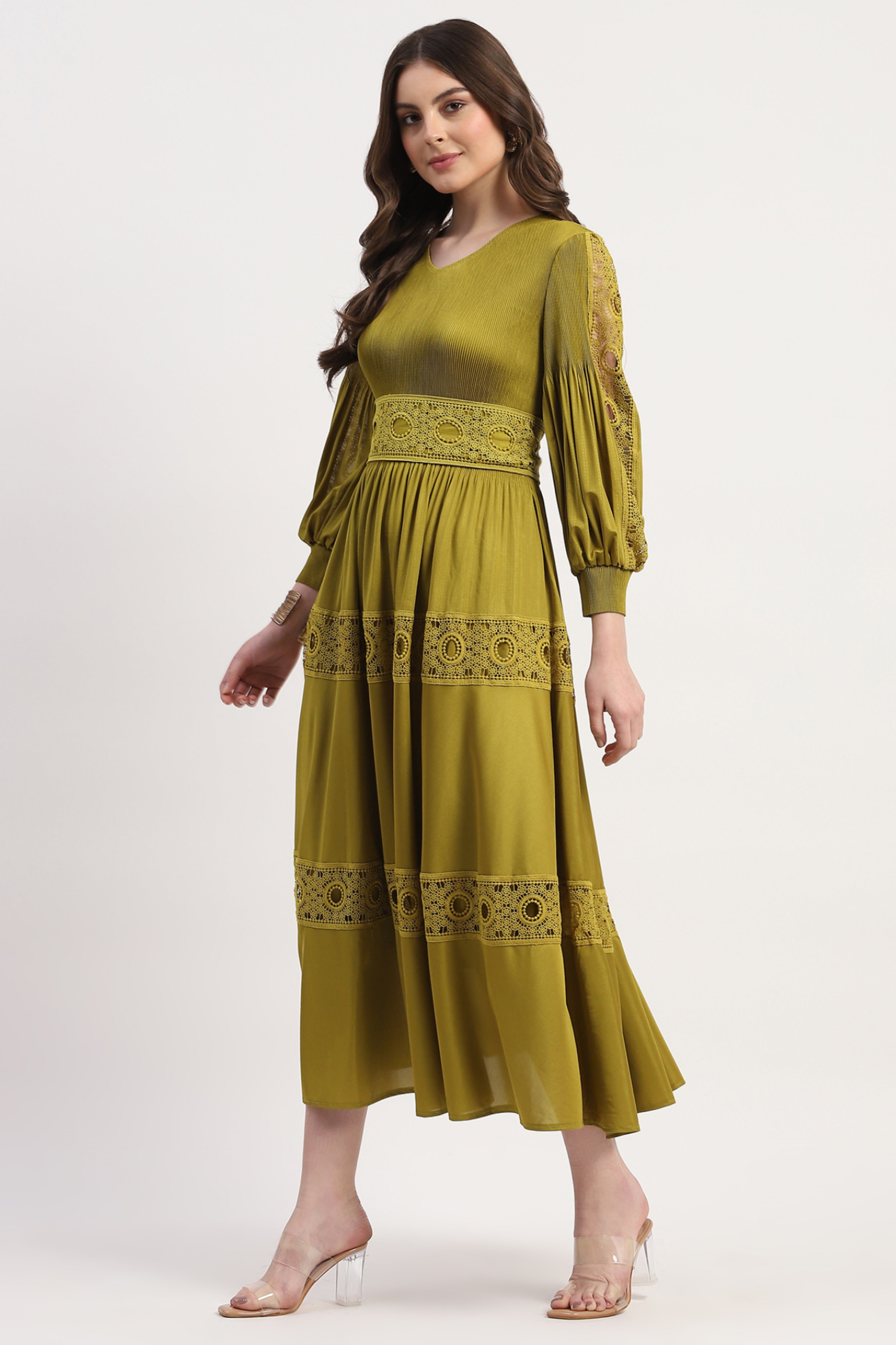 Green Polyester Solid Dress