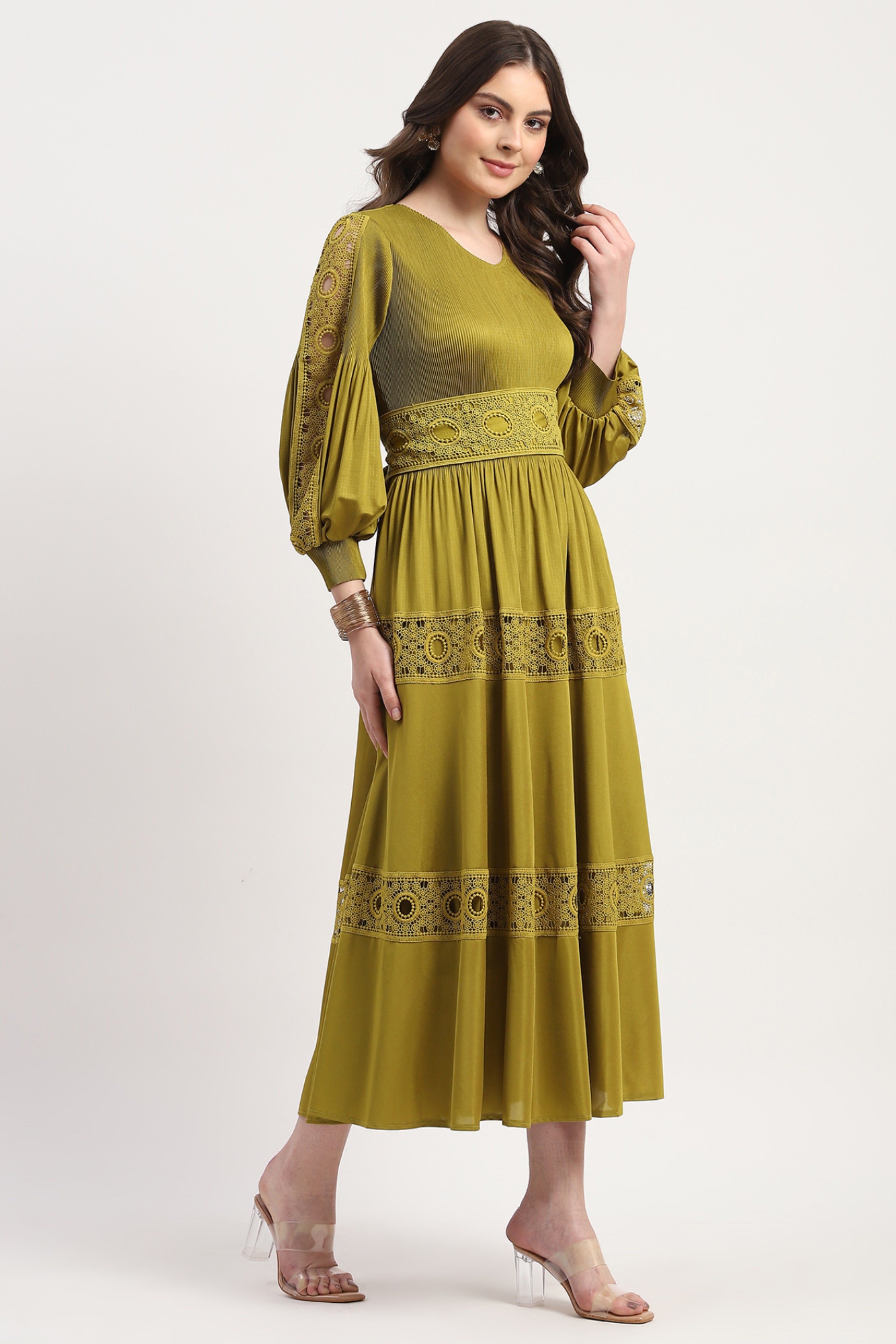 Green Polyester Solid Dress