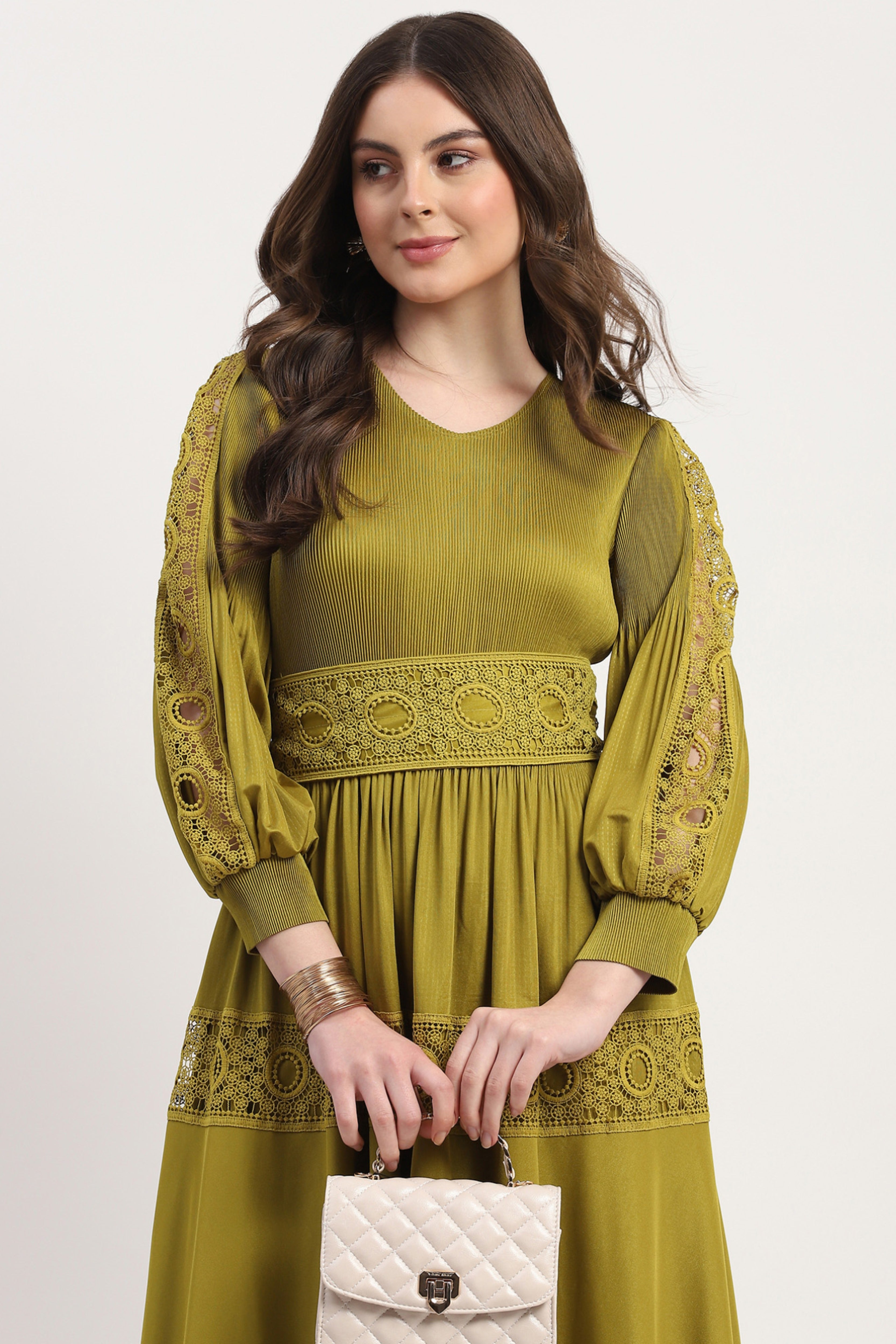 Green Polyester Solid Dress