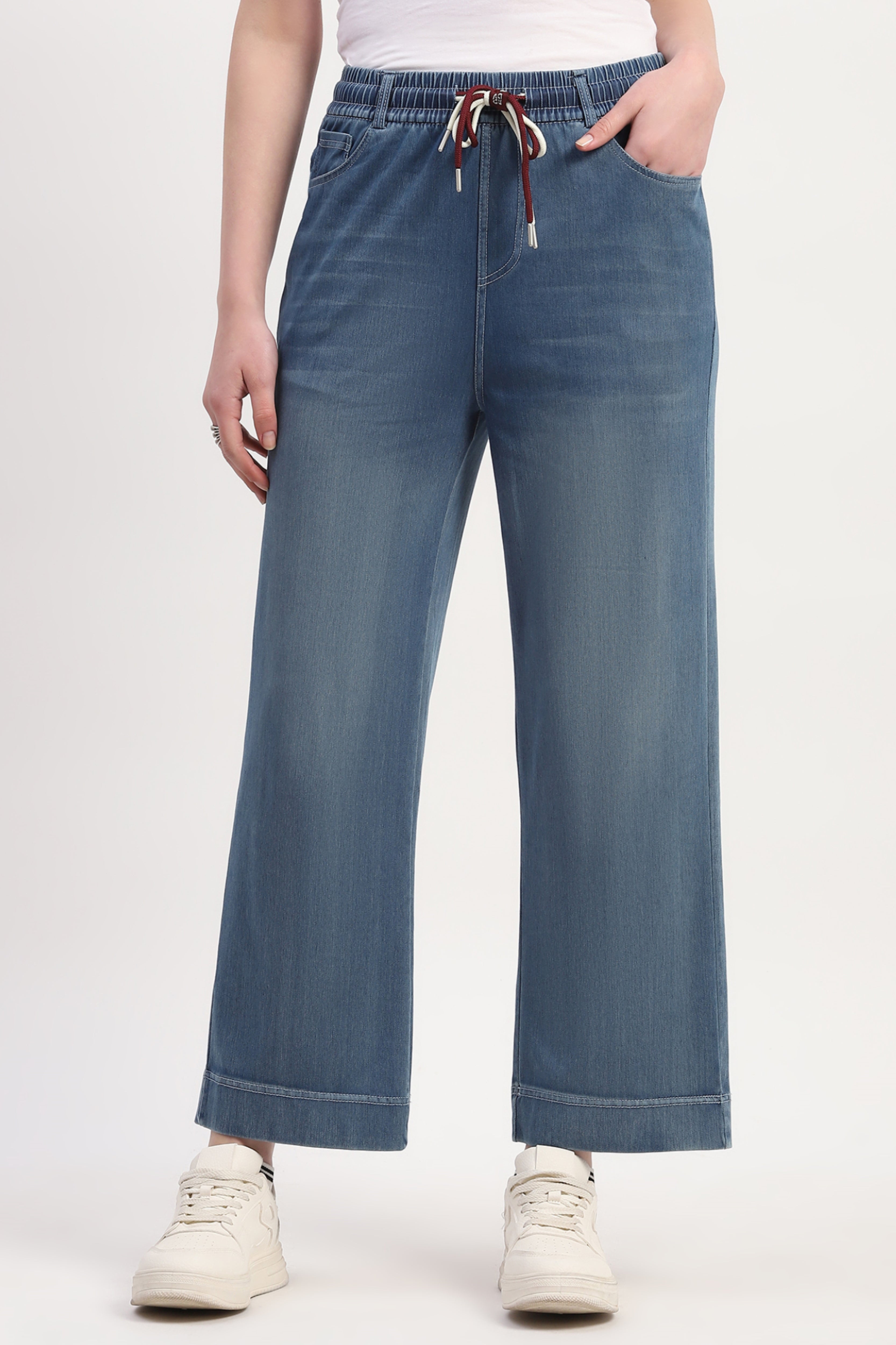 Blue Cotton Blend Solid Lower