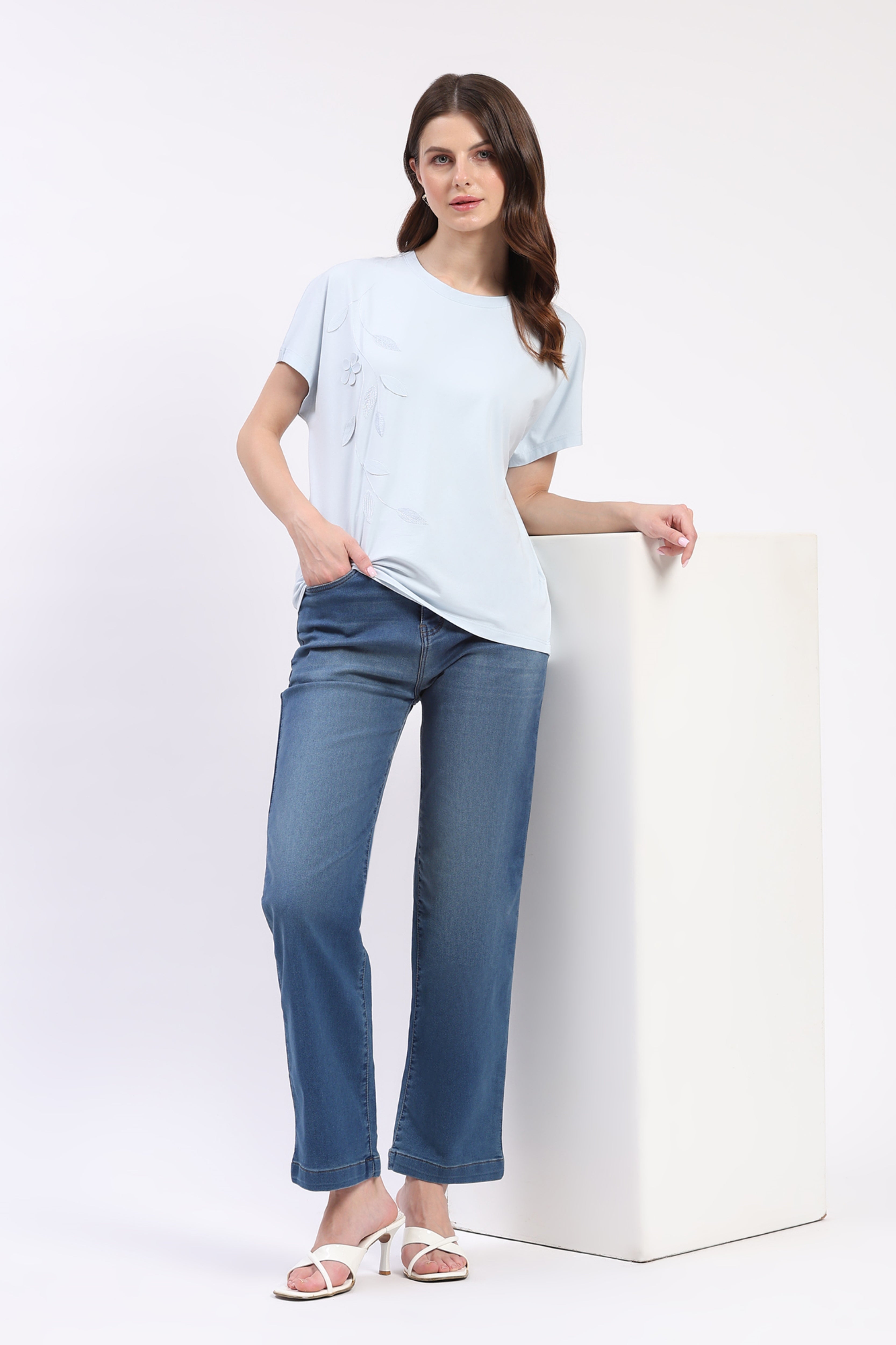 Sky Blue Floral Applique Top