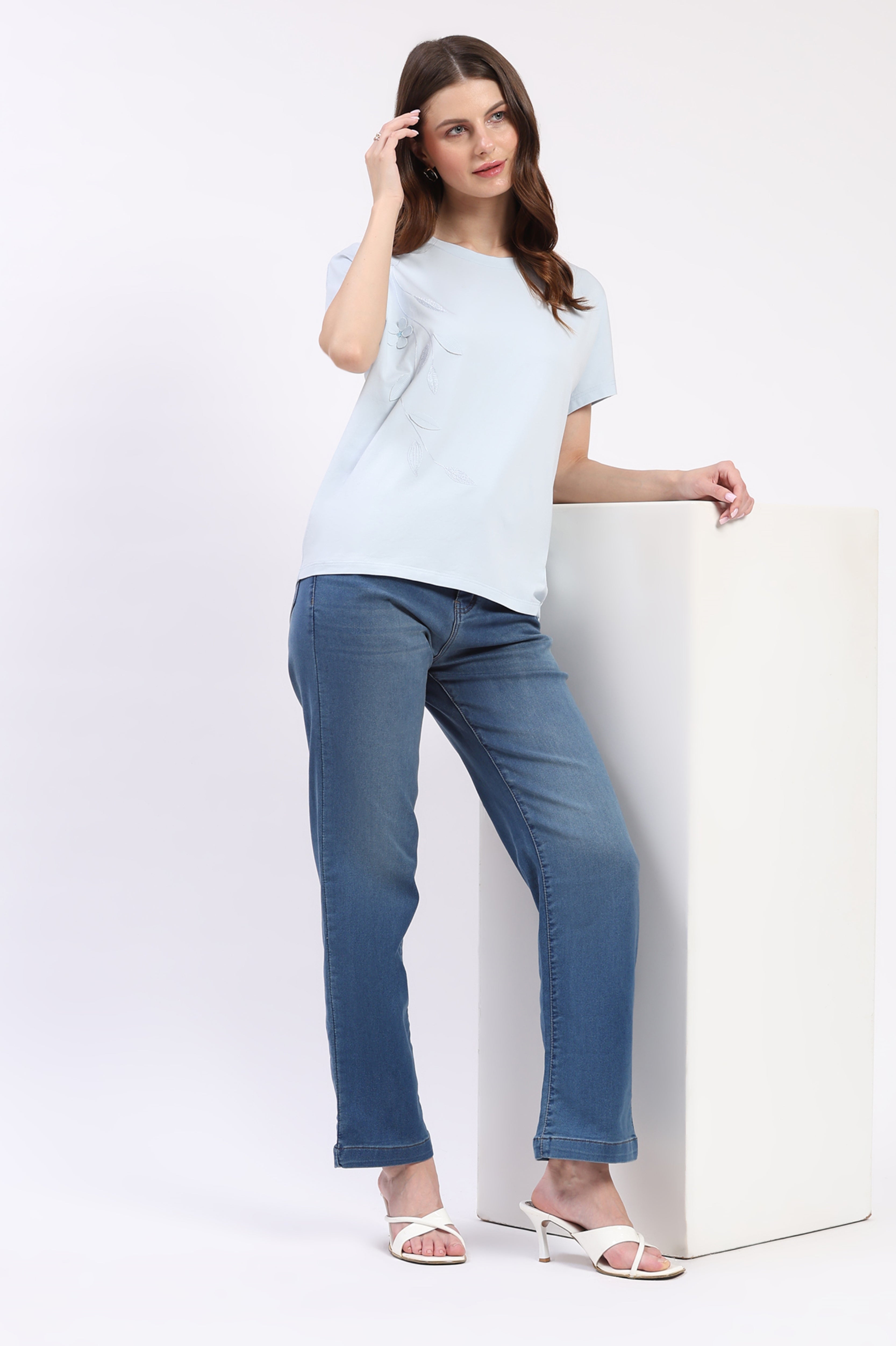 Sky Blue Floral Applique Top