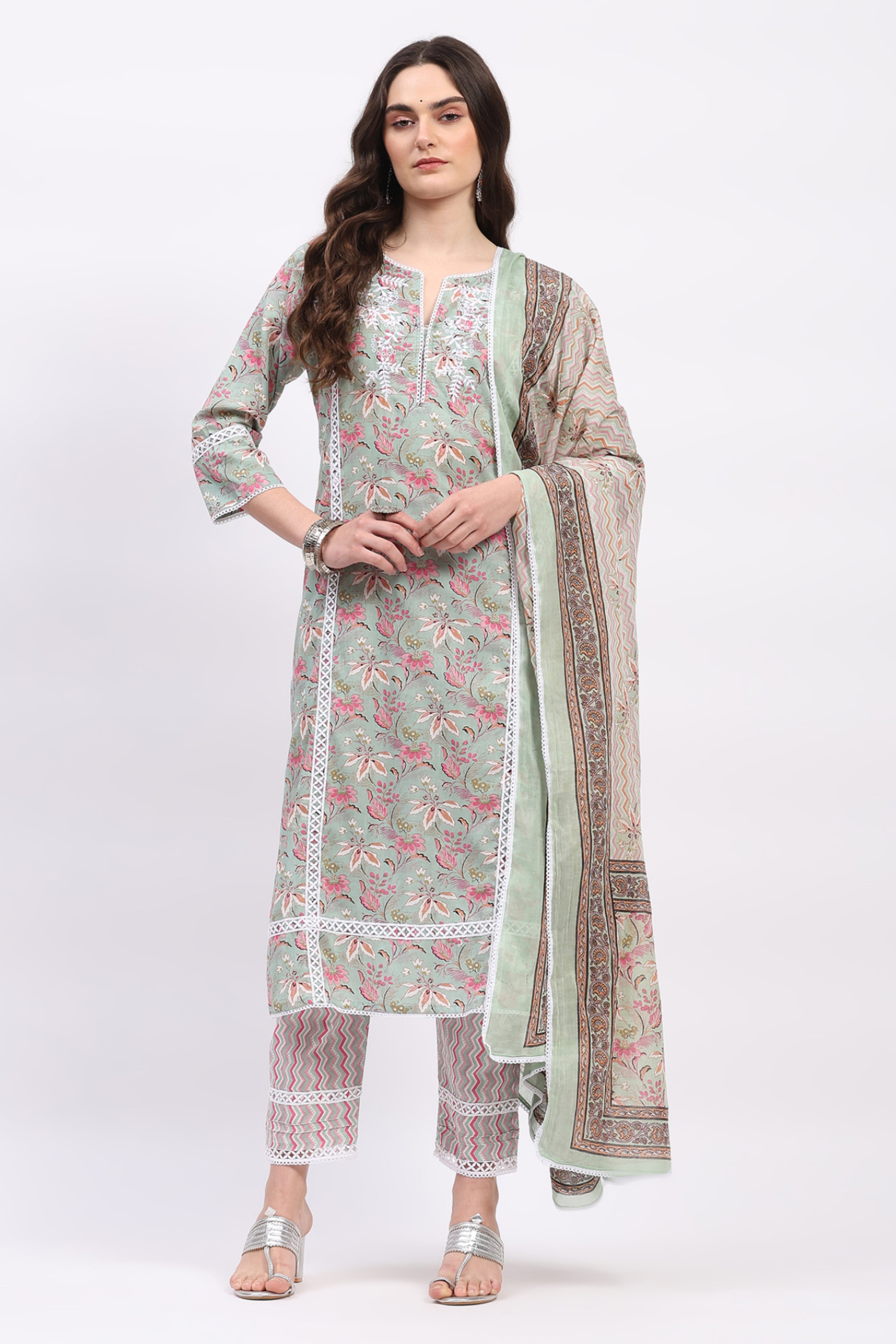 Pista Green & Pink Floral Print Suit Set