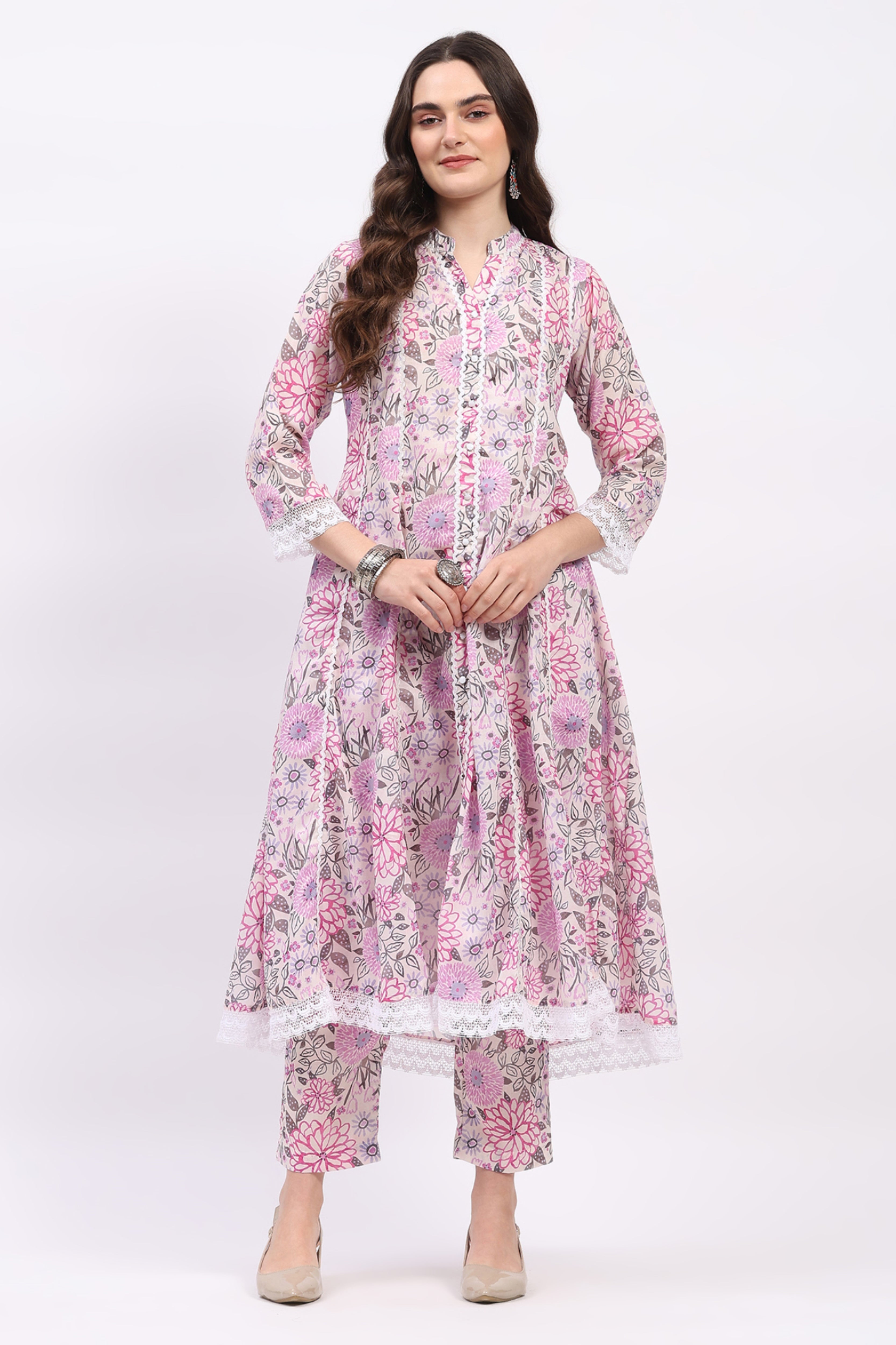 Pink Floral Print Cotton Kurta Set