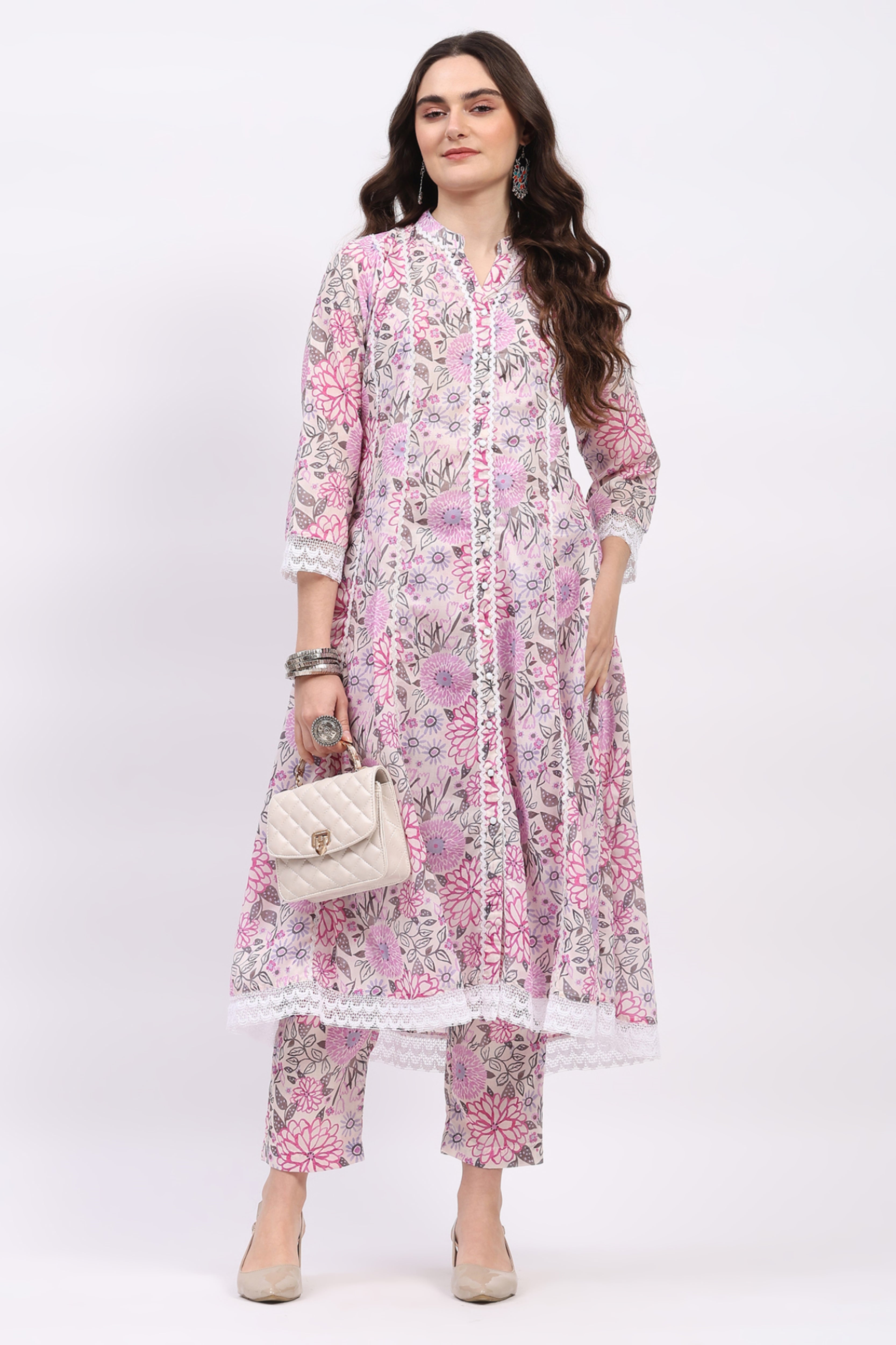Pink Floral Print Cotton Kurta Set