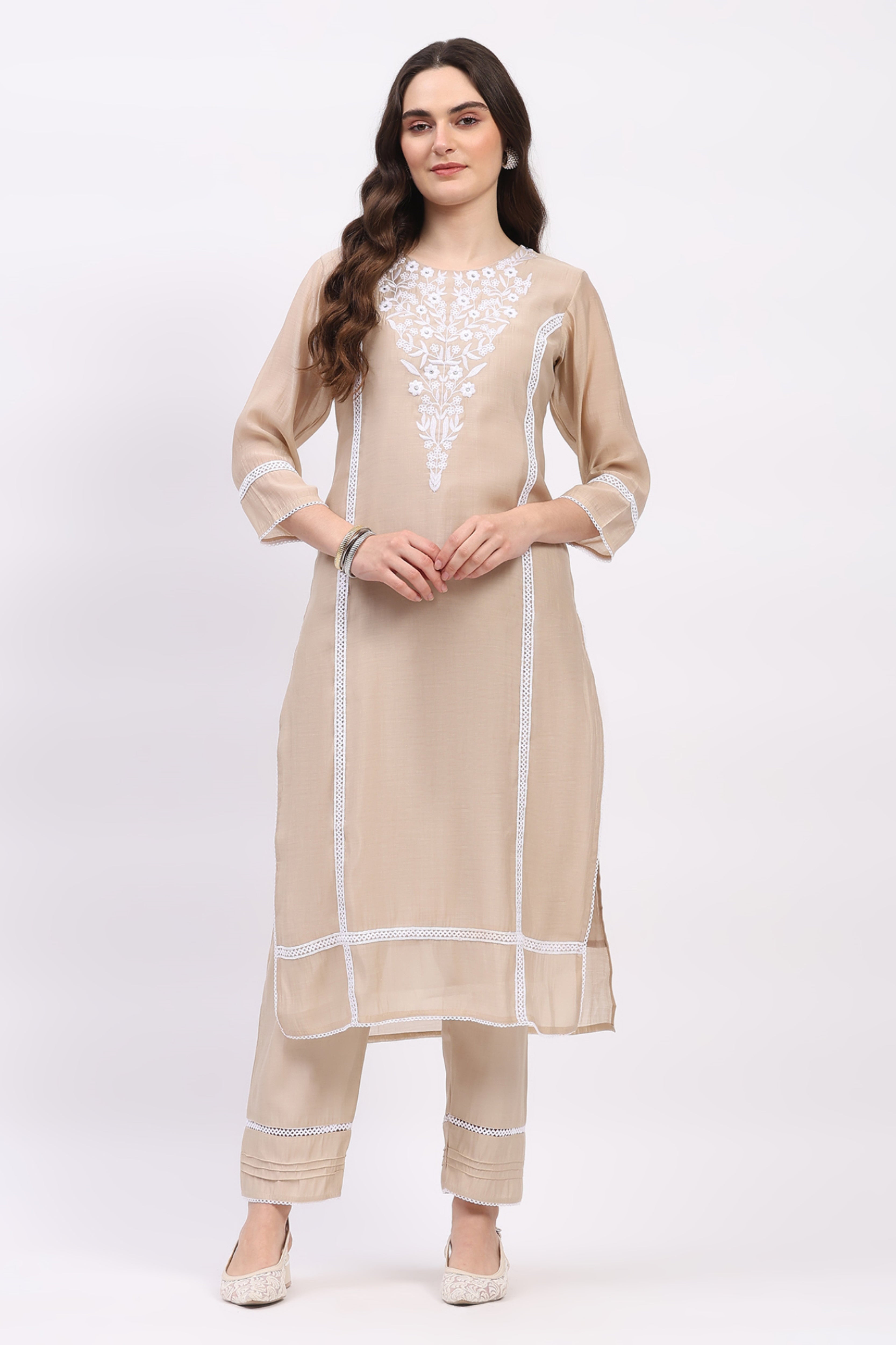 Light Beige Embroidered Muslin Kurta Set
