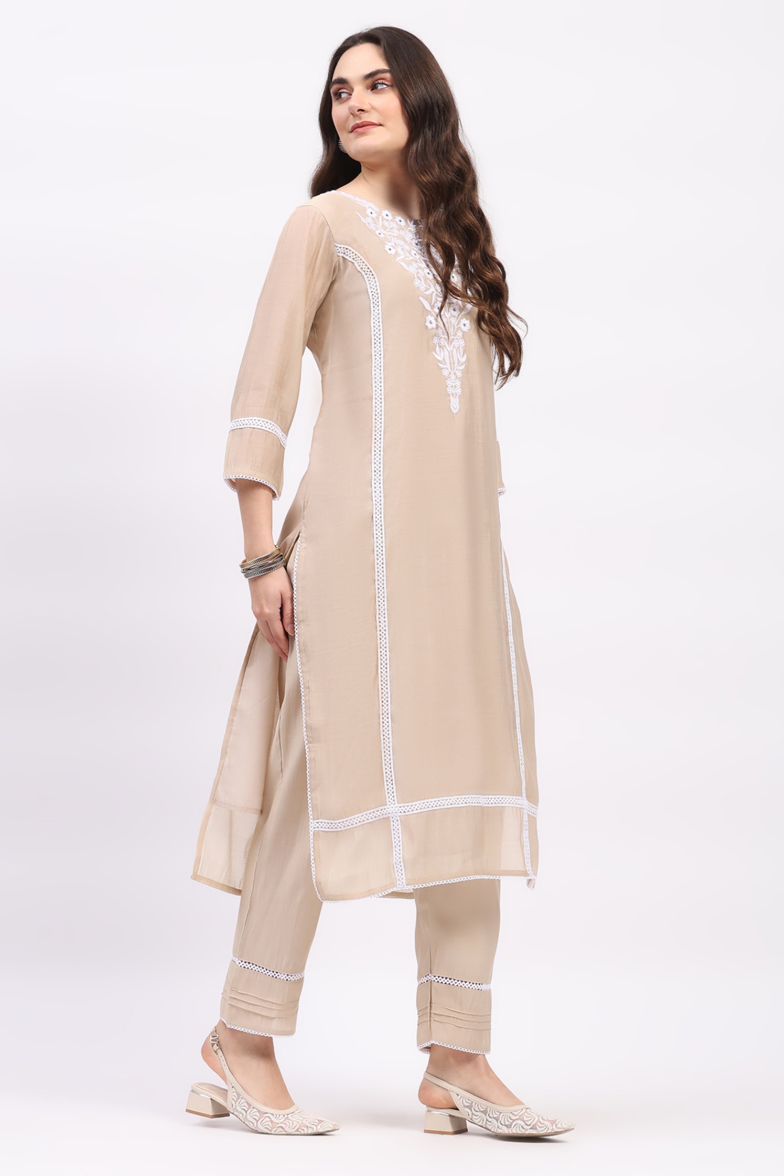 Light Beige Embroidered Muslin Kurta Set