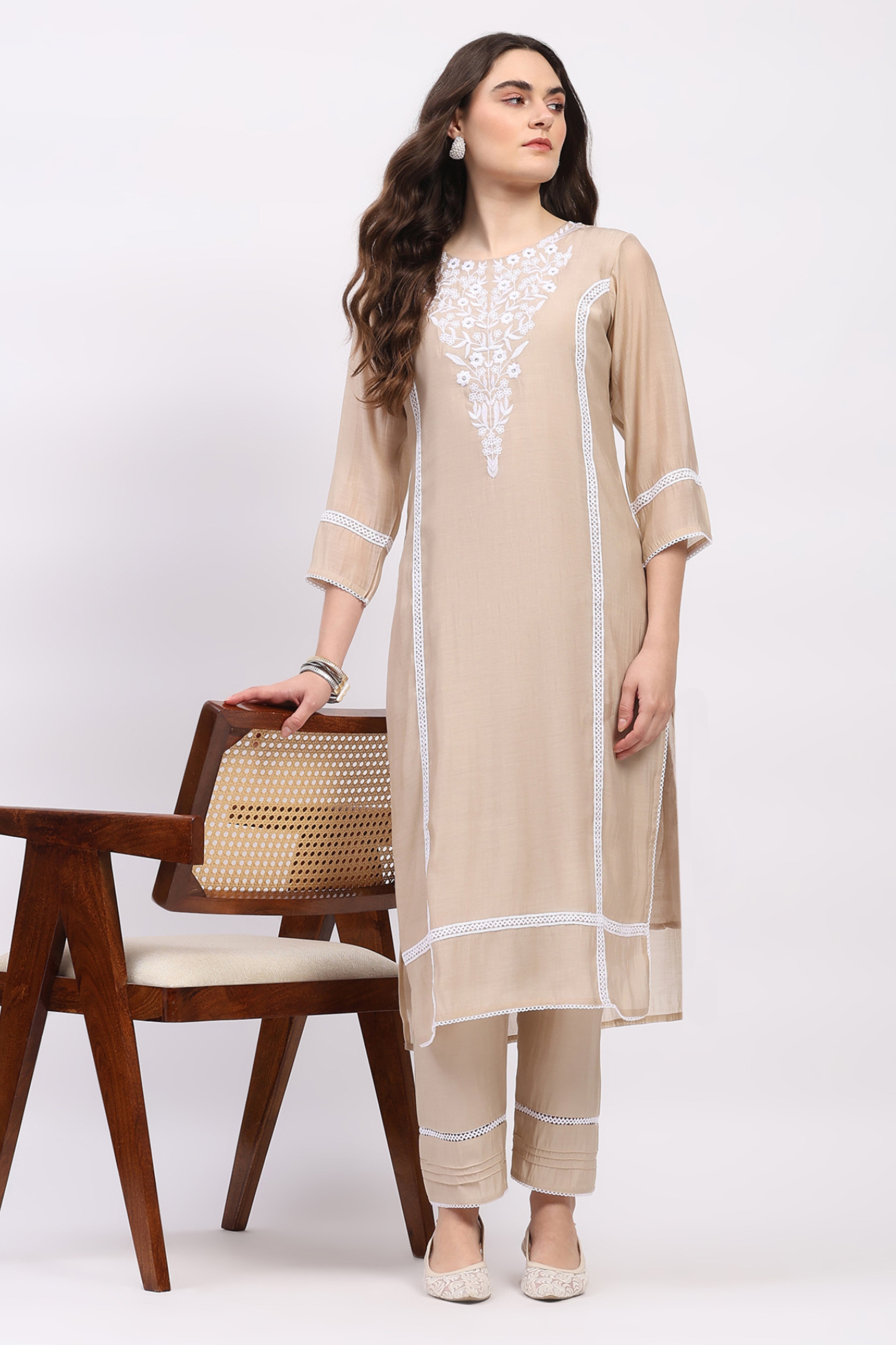 Light Beige Embroidered Muslin Kurta Set