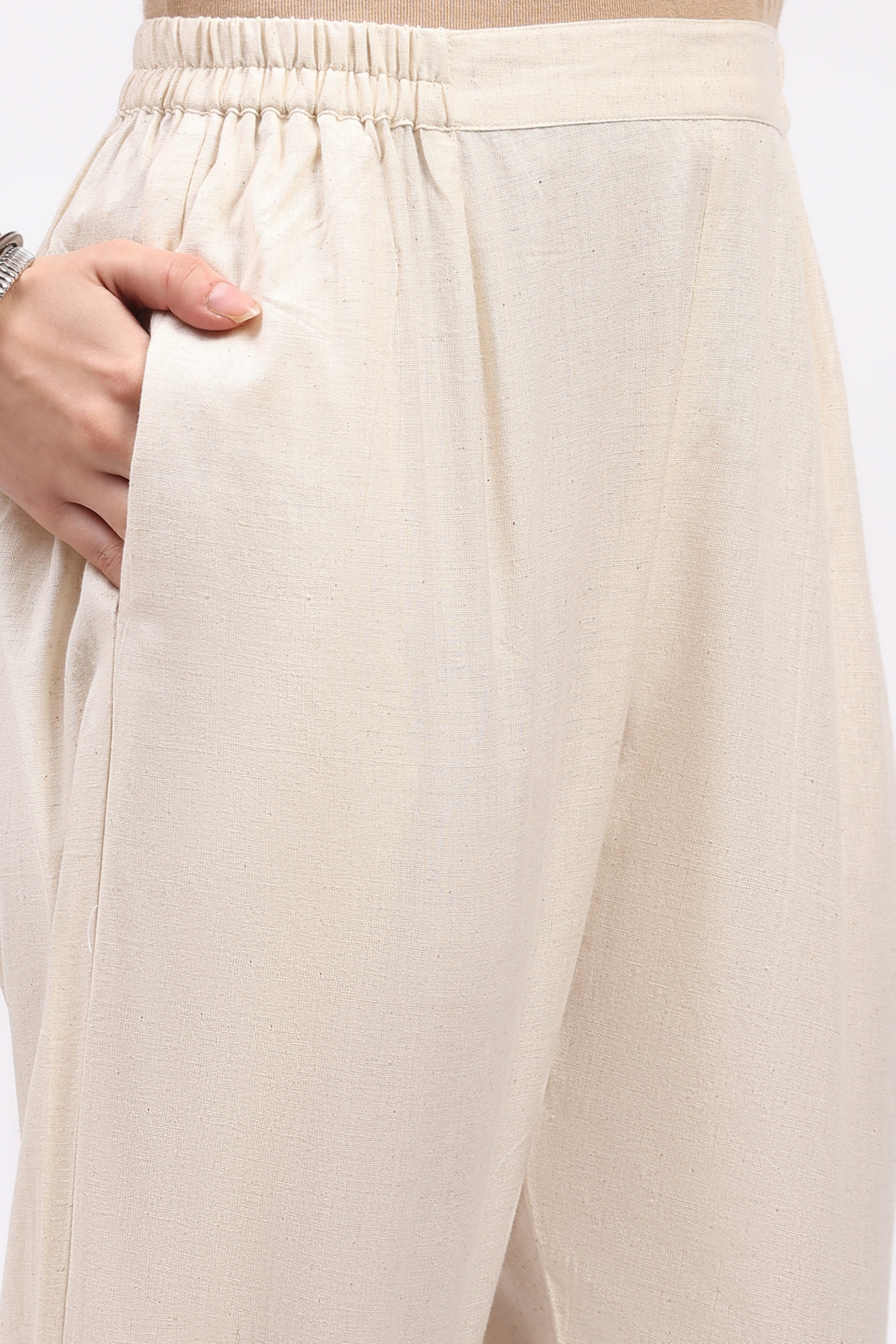 Beige Mirror Work Cotton Kurta Set