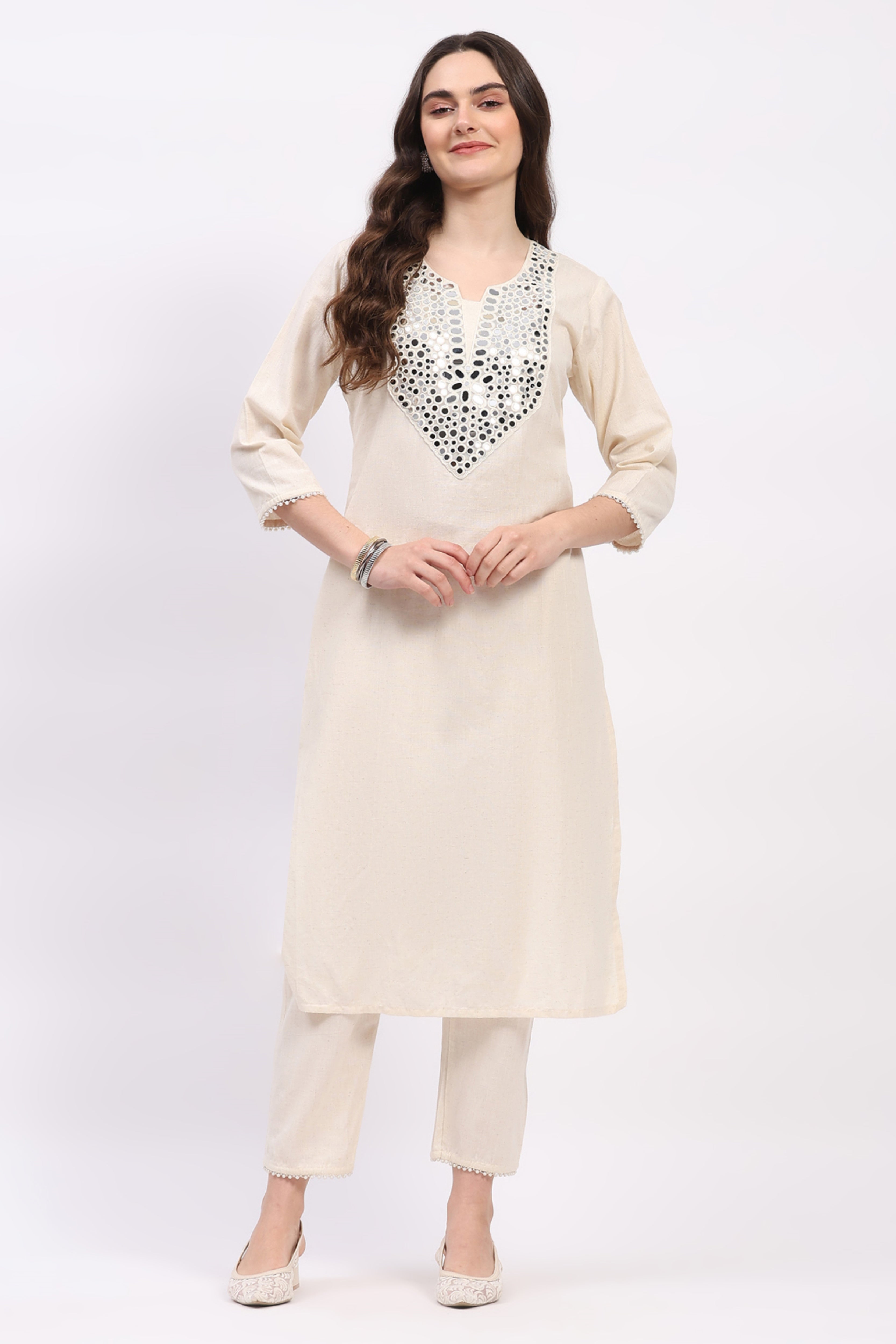 Beige Mirror Work Cotton Kurta Set