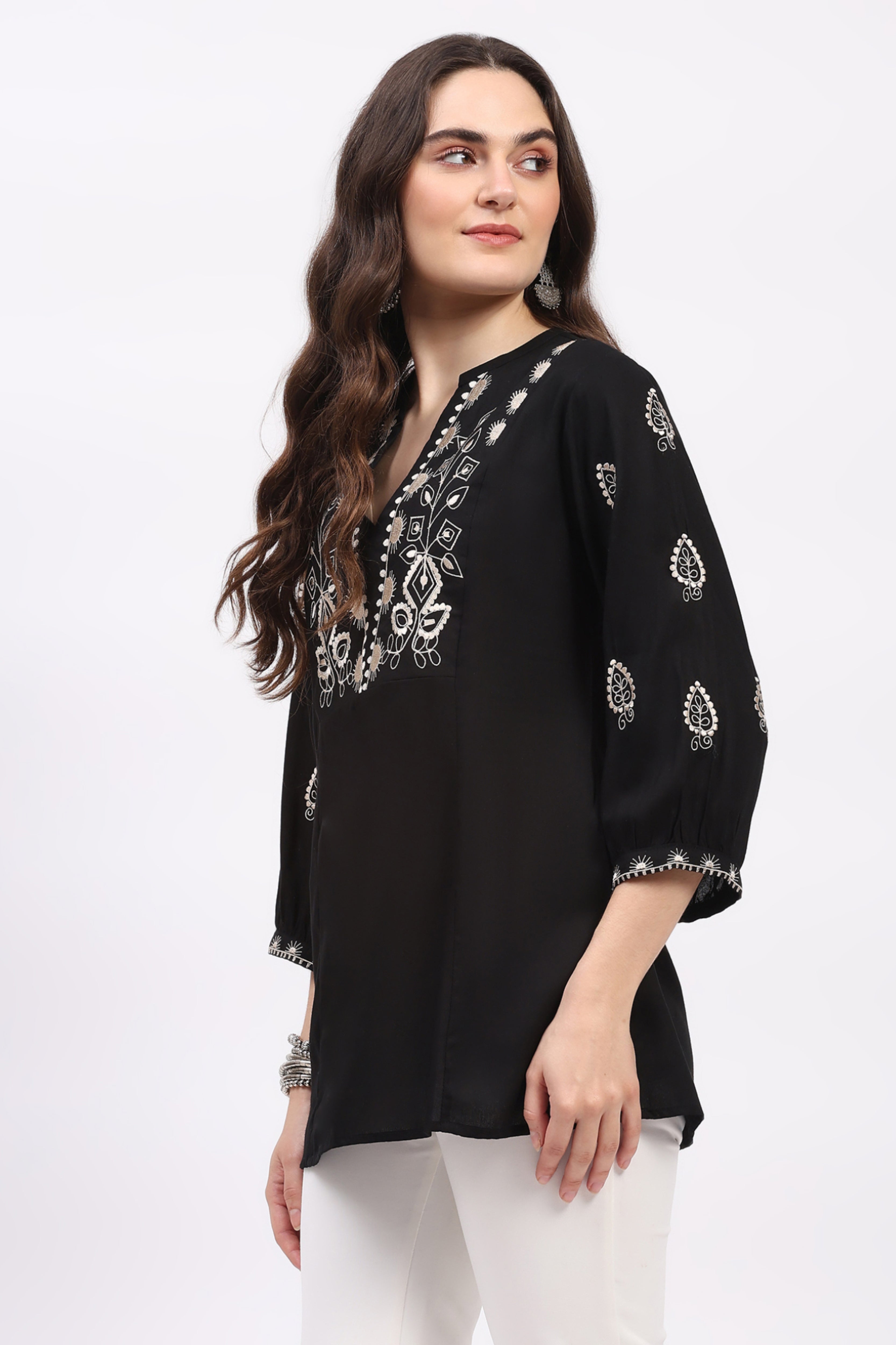 Black Embroidered Rayon Tunic
