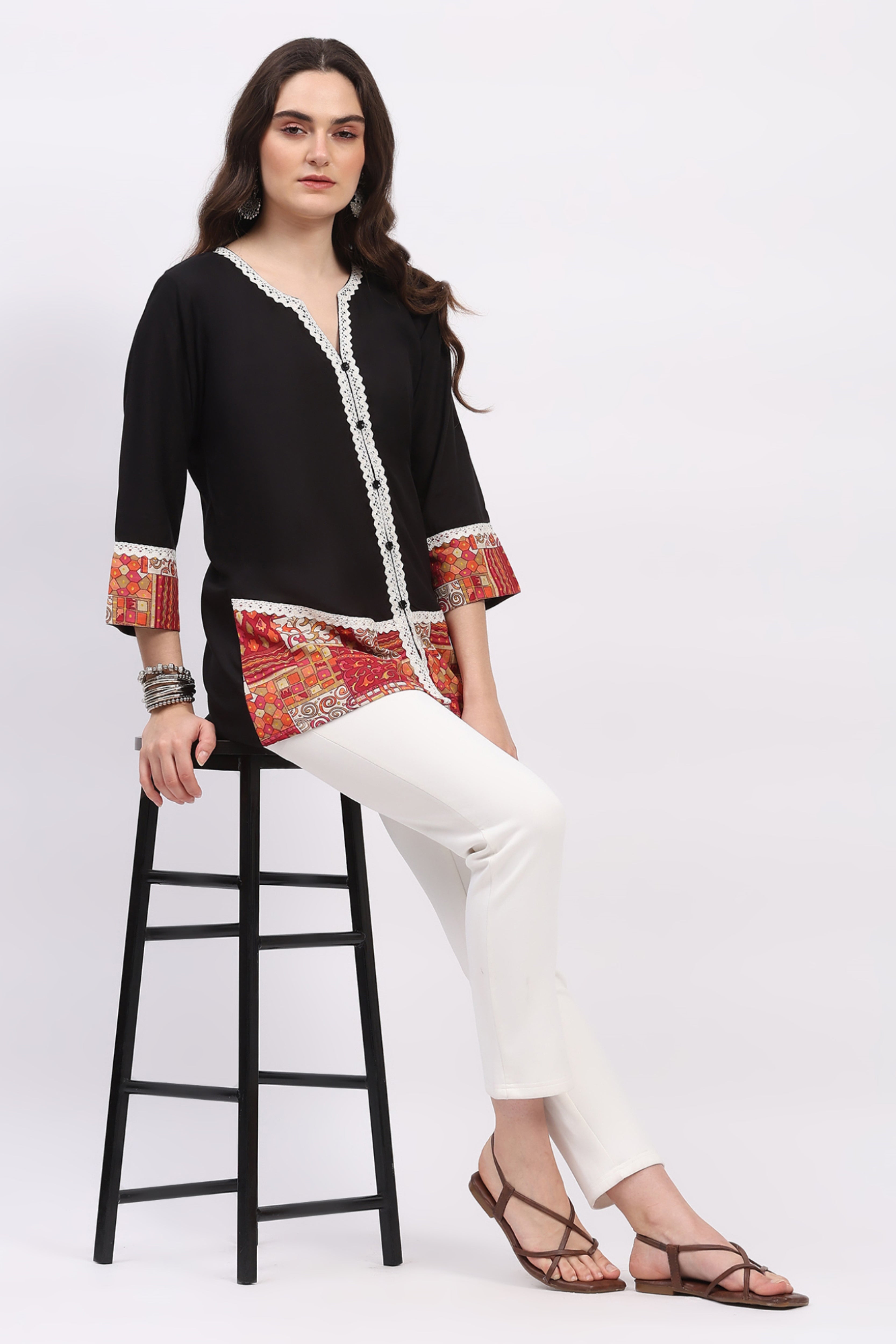 Black Printed Tunic with Lace Detail