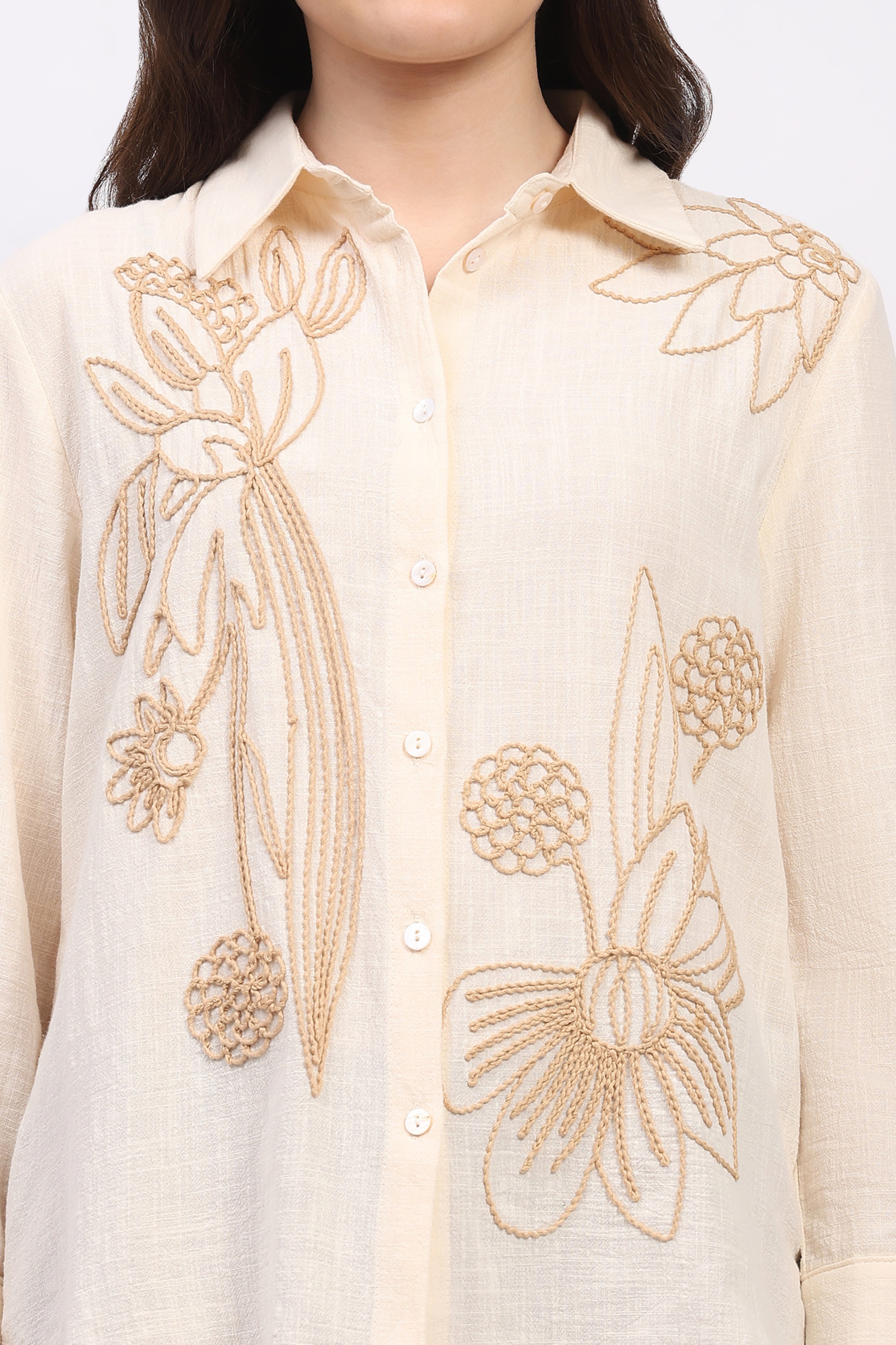 Cream Embroidered Cotton Shirt