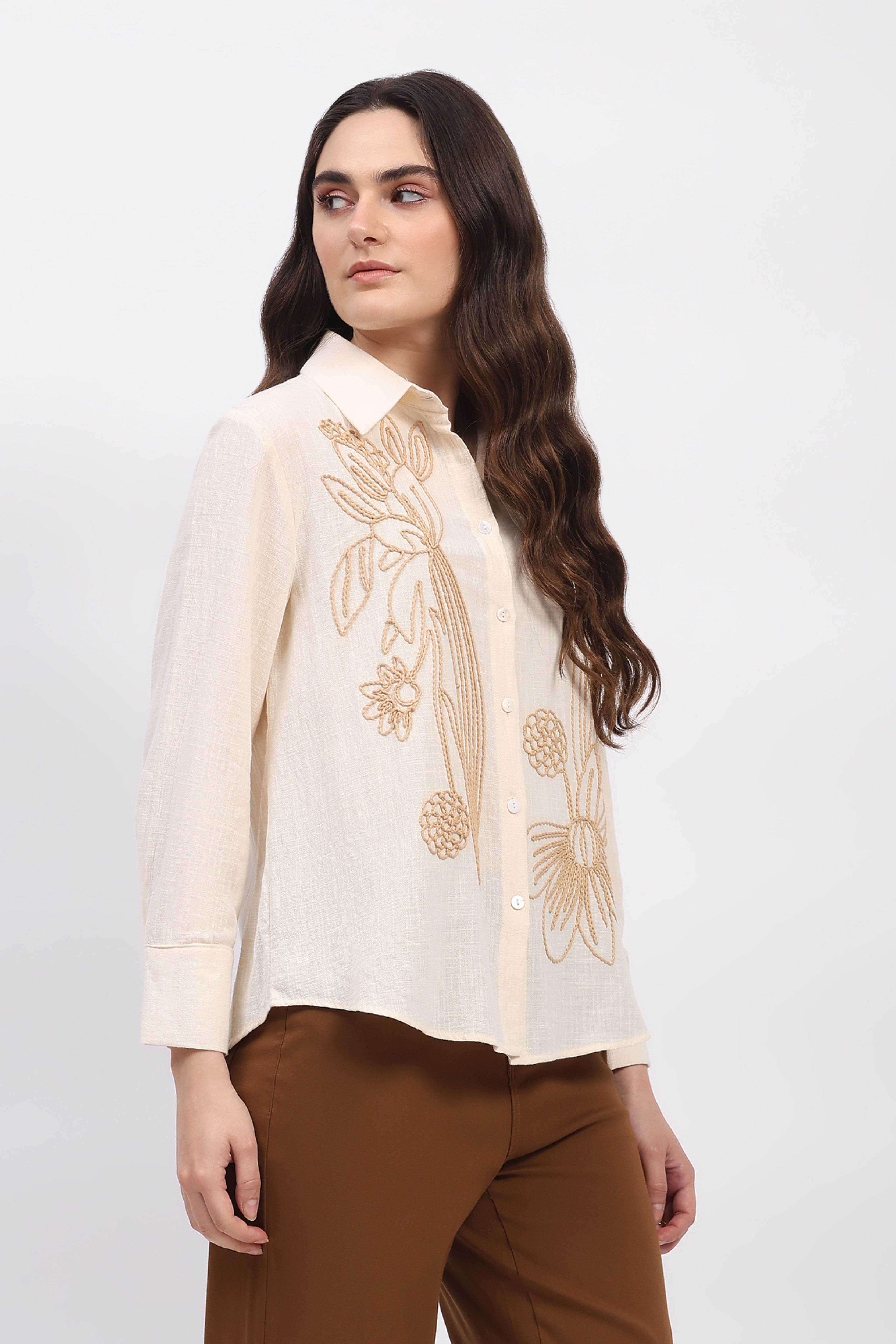 Cream Embroidered Cotton Shirt