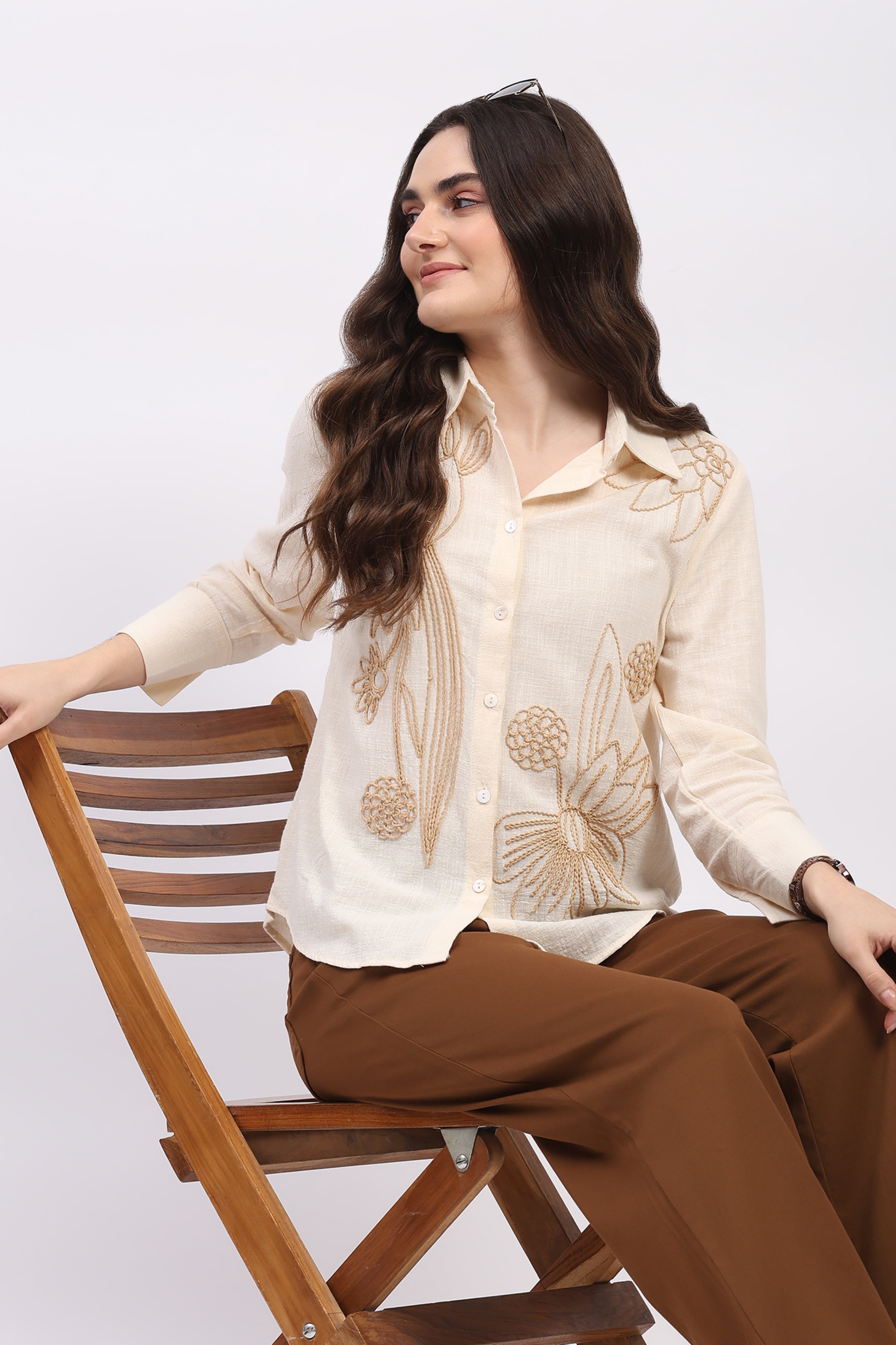 Cream Embroidered Cotton Shirt