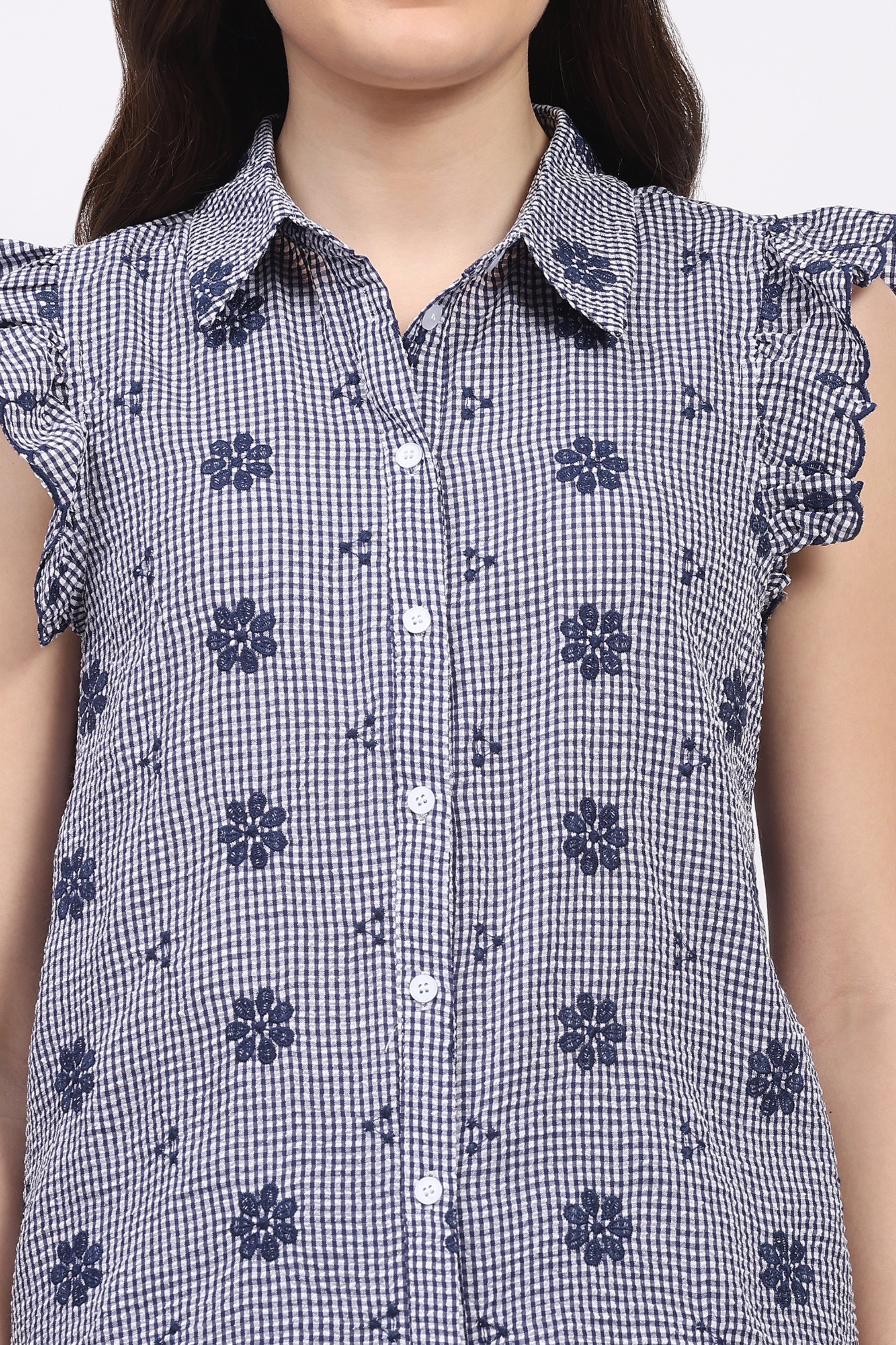 Navy Embroidered Ruffle Top