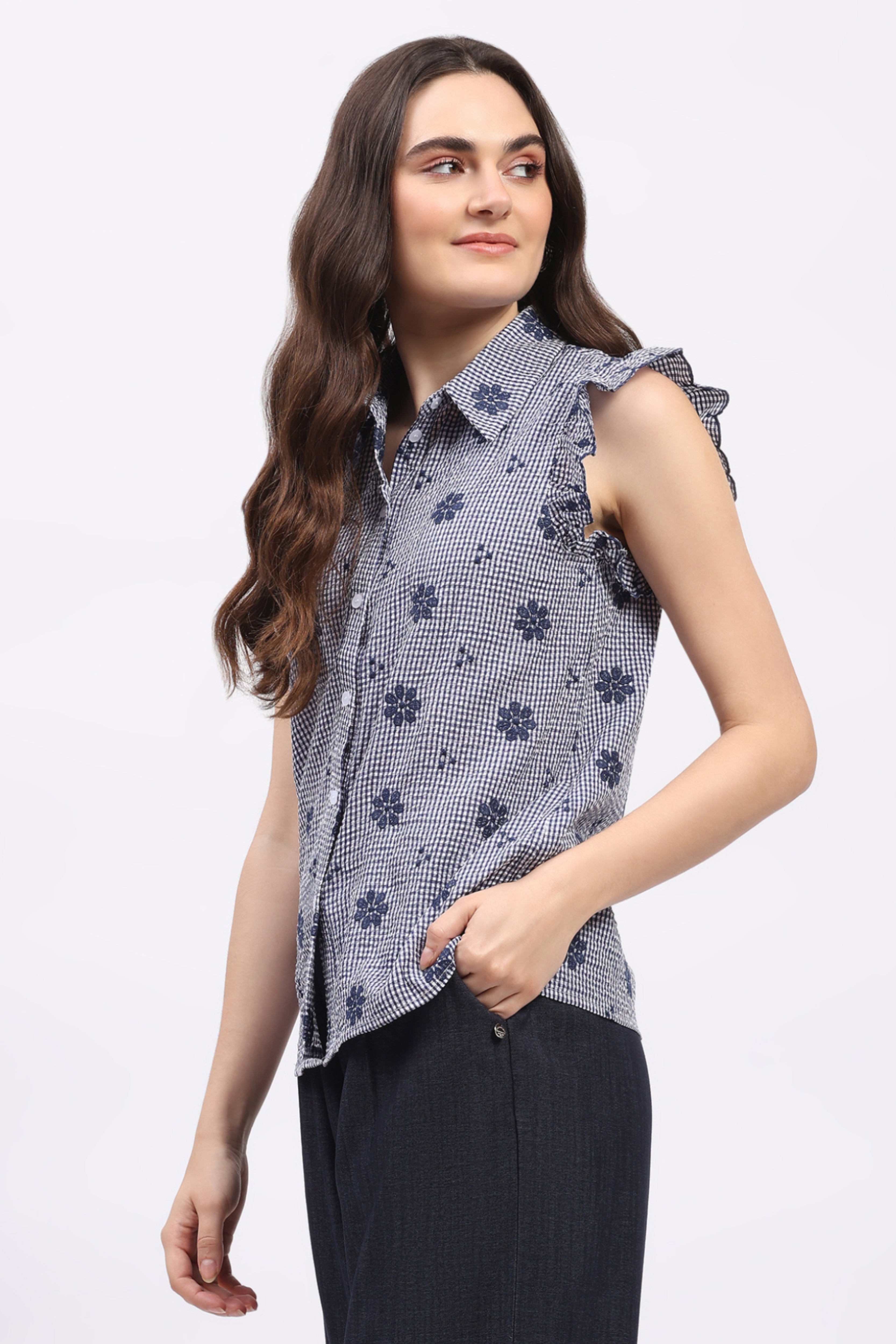 Navy Embroidered Ruffle Top