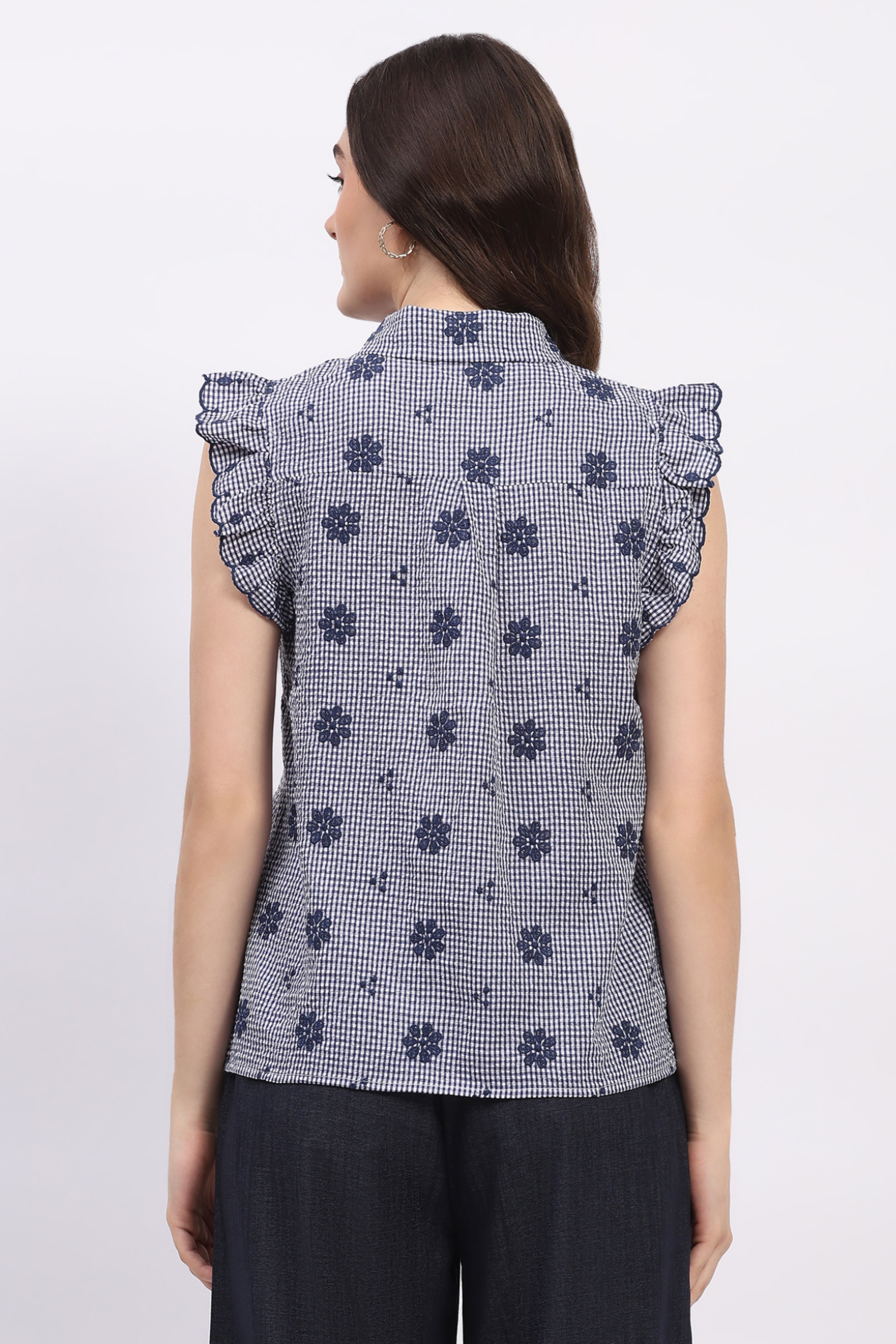 Navy Embroidered Ruffle Top