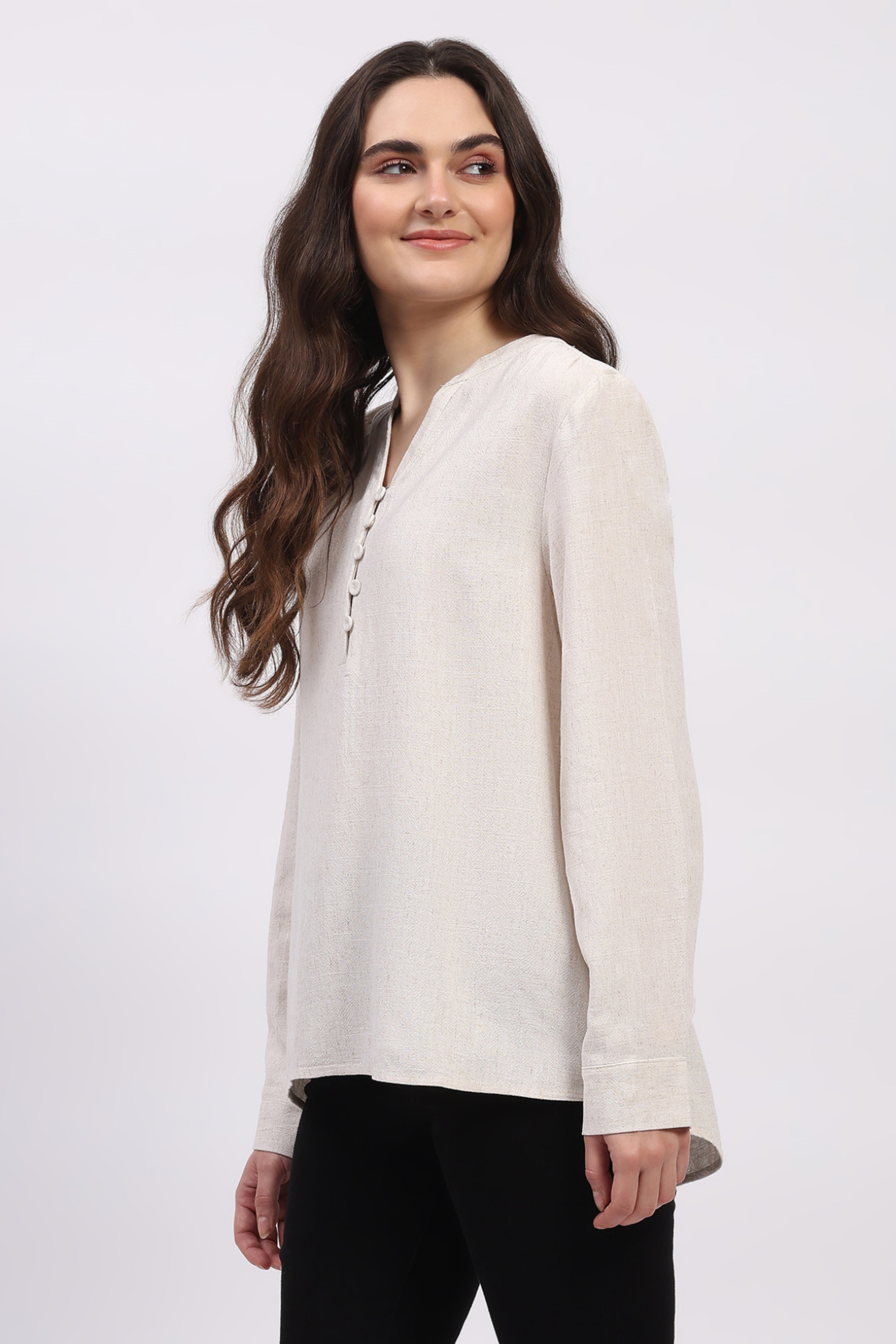 Off White Cotton Linen Blouson Top