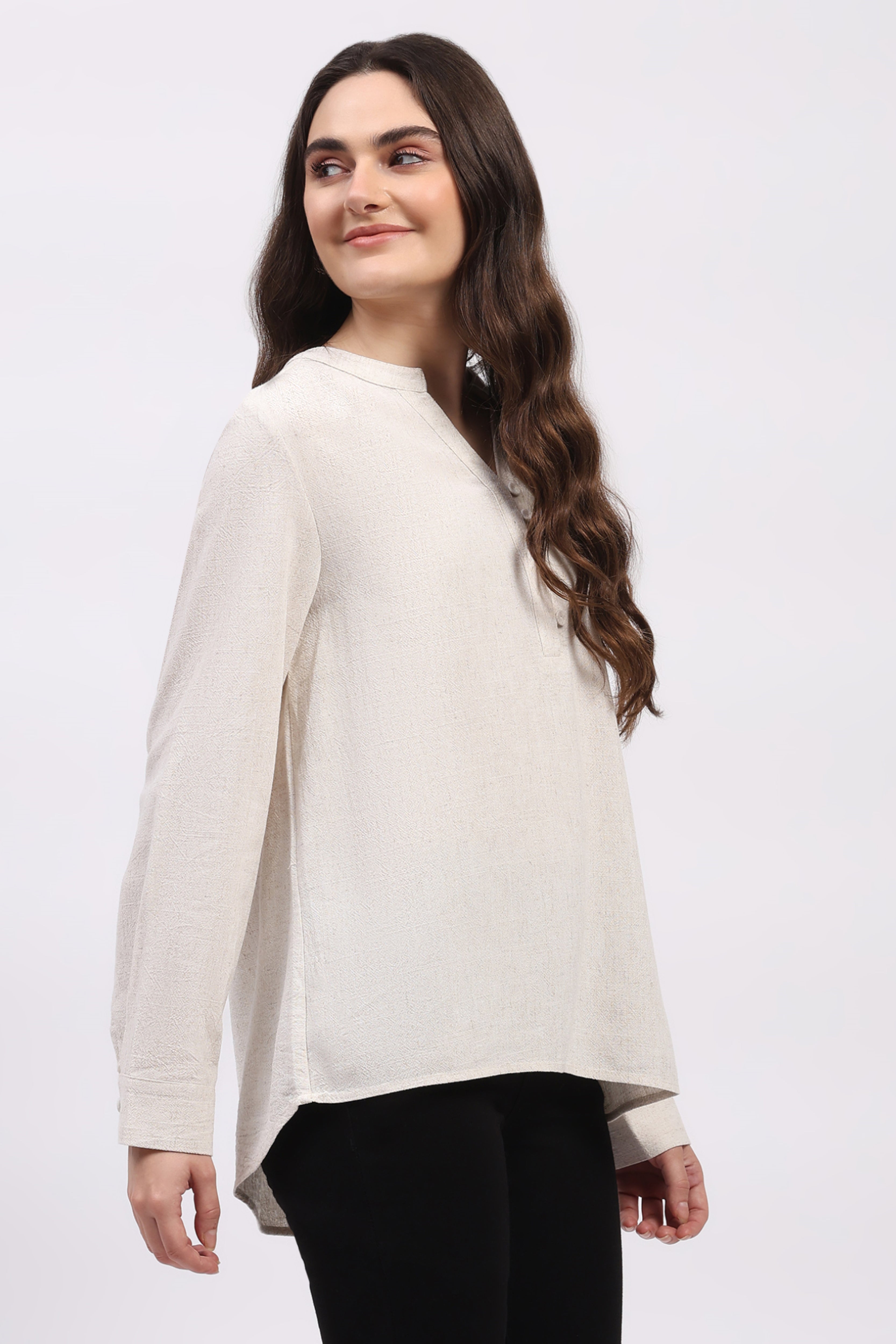 Off White Cotton Linen Blouson Top