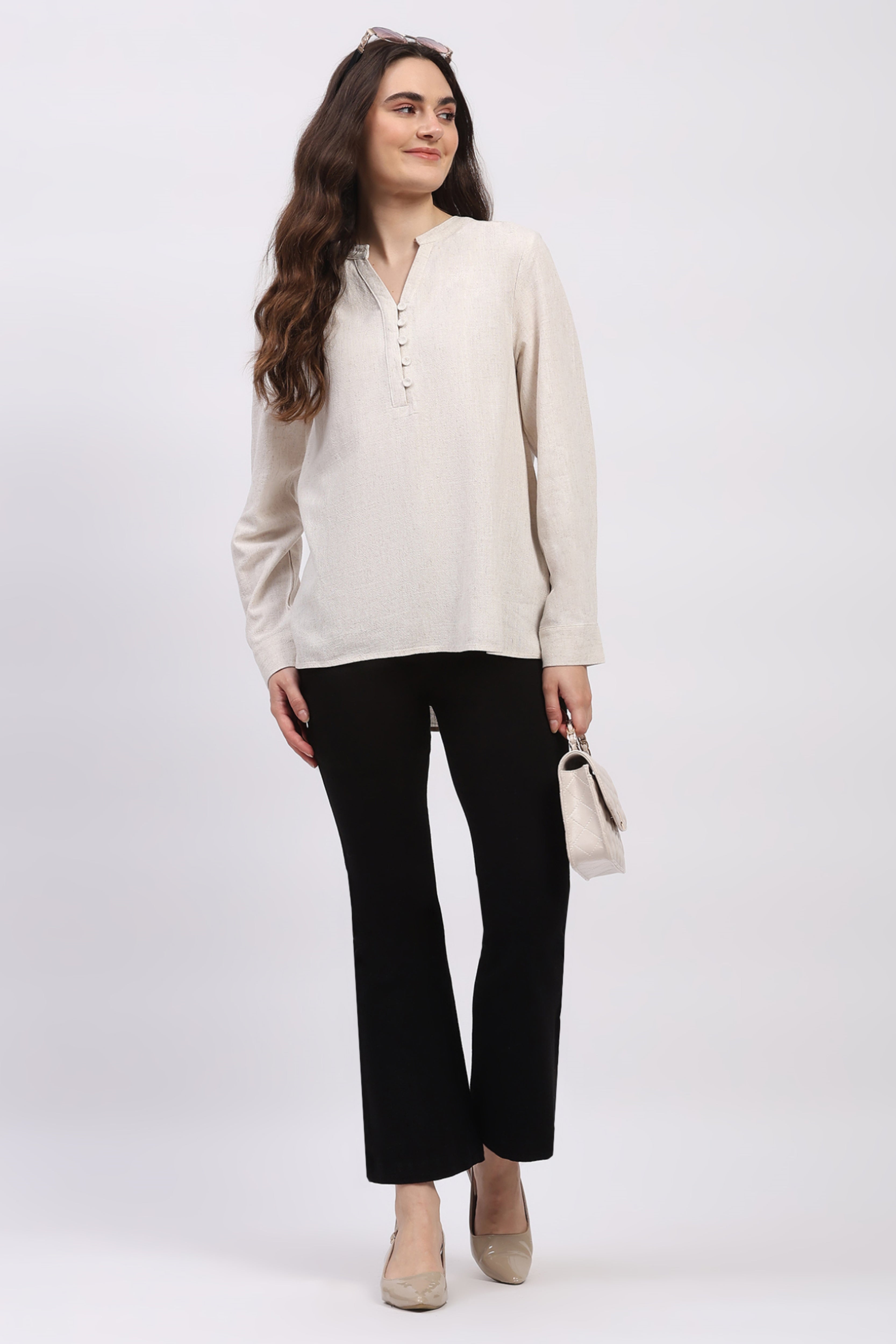 Off White Cotton Linen Blouson Top