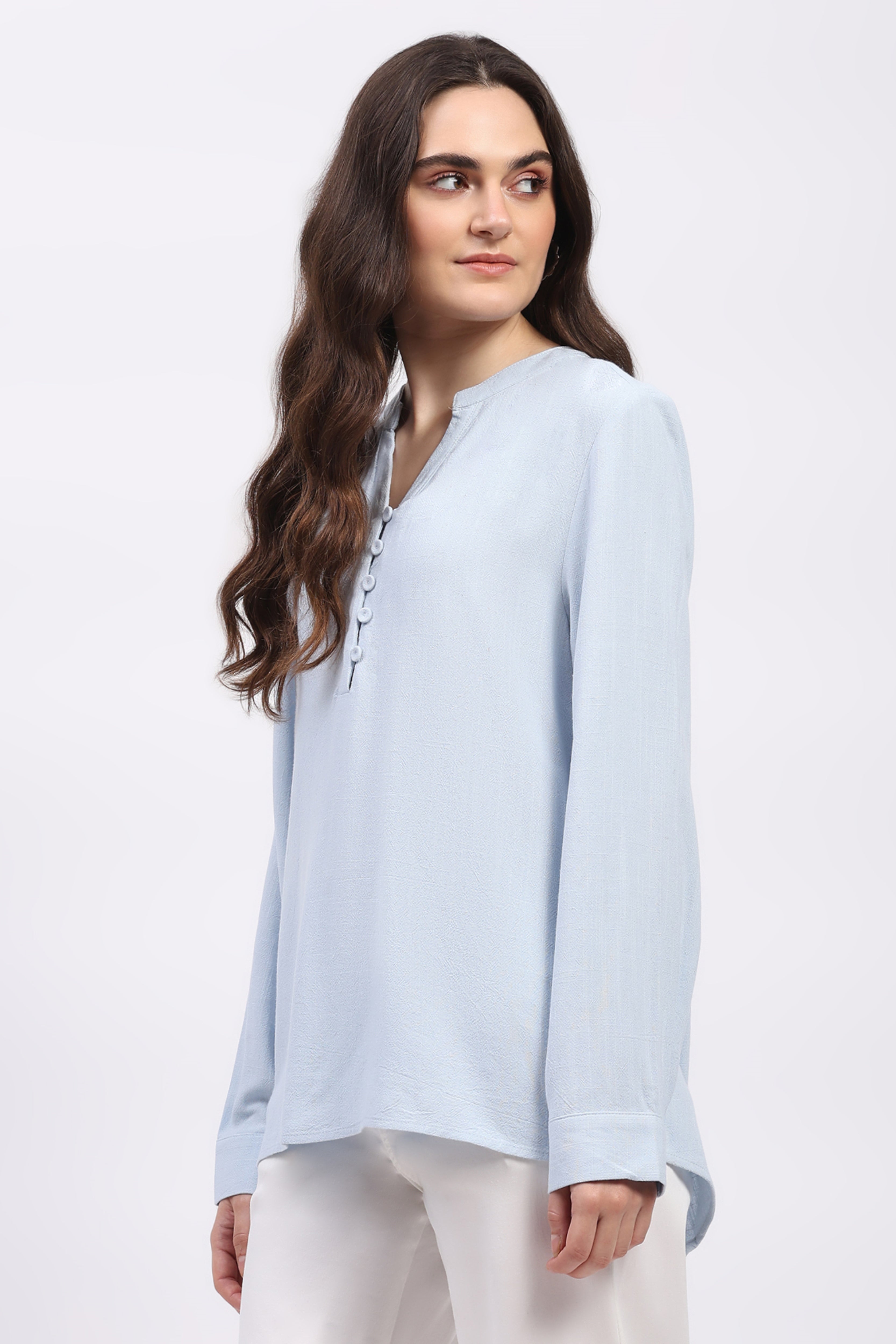 Light Blue Cotton Linen Blouson Top
