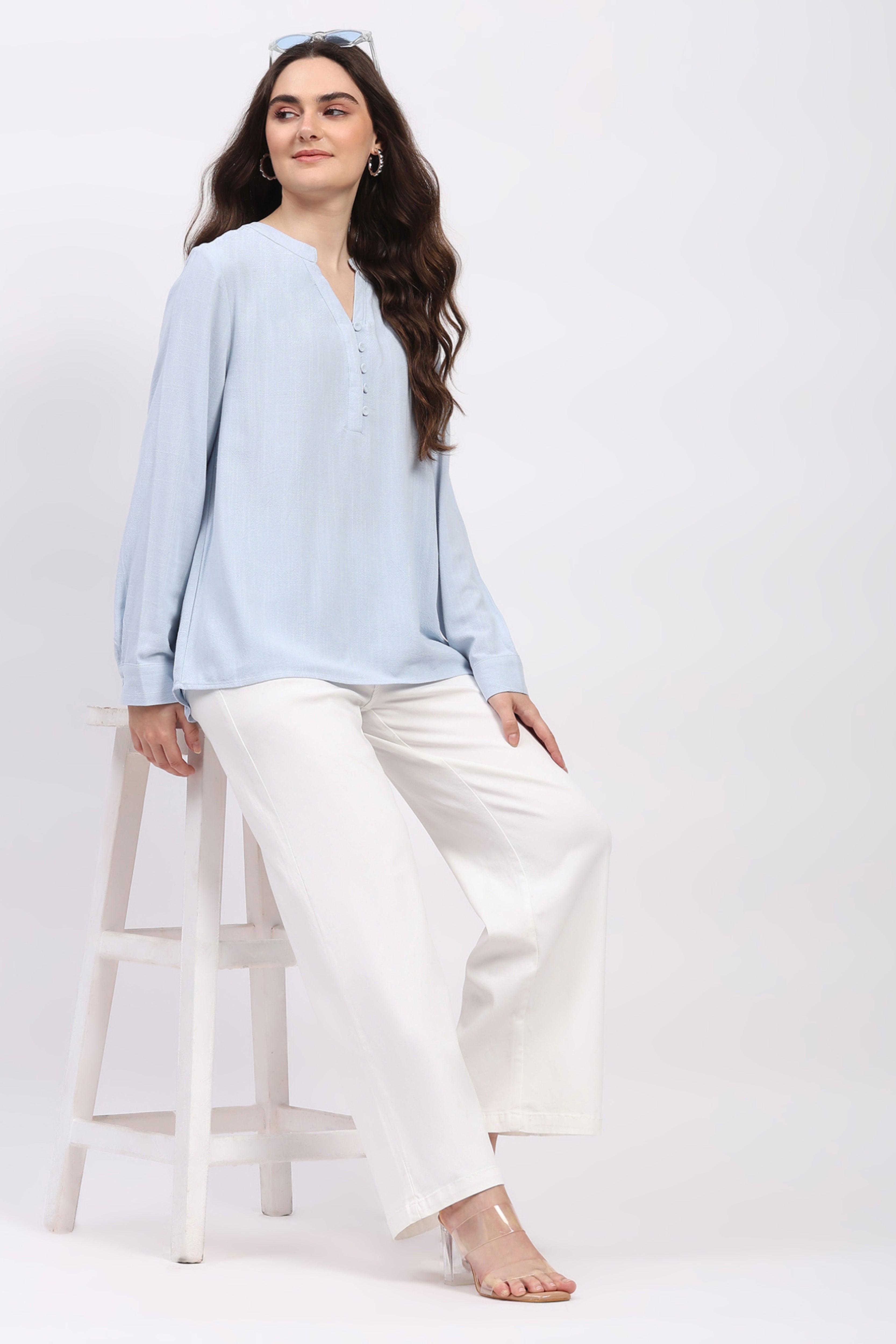 Light Blue Cotton Linen Blouson Top