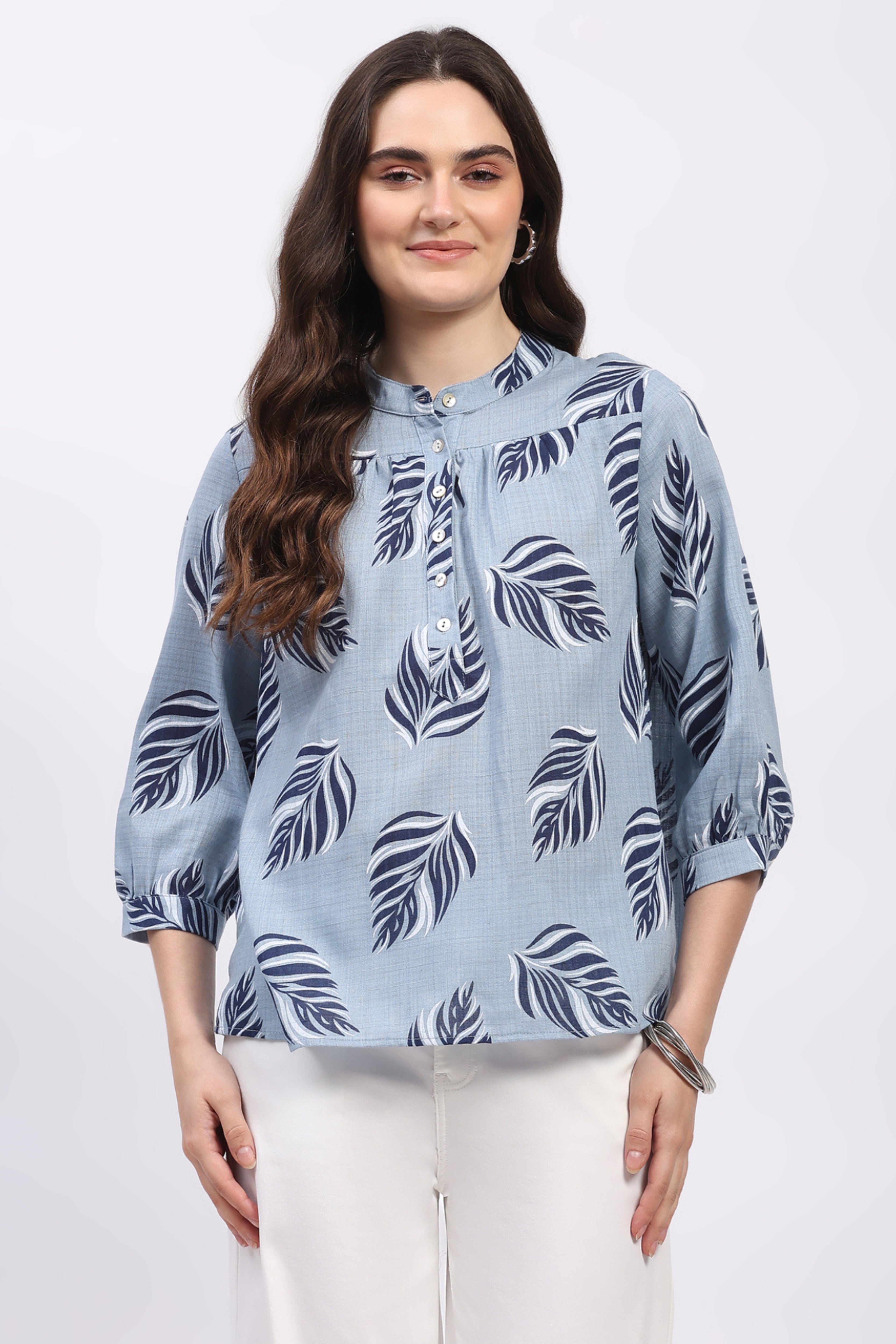 Sky Blue Leaf Print Cotton Top