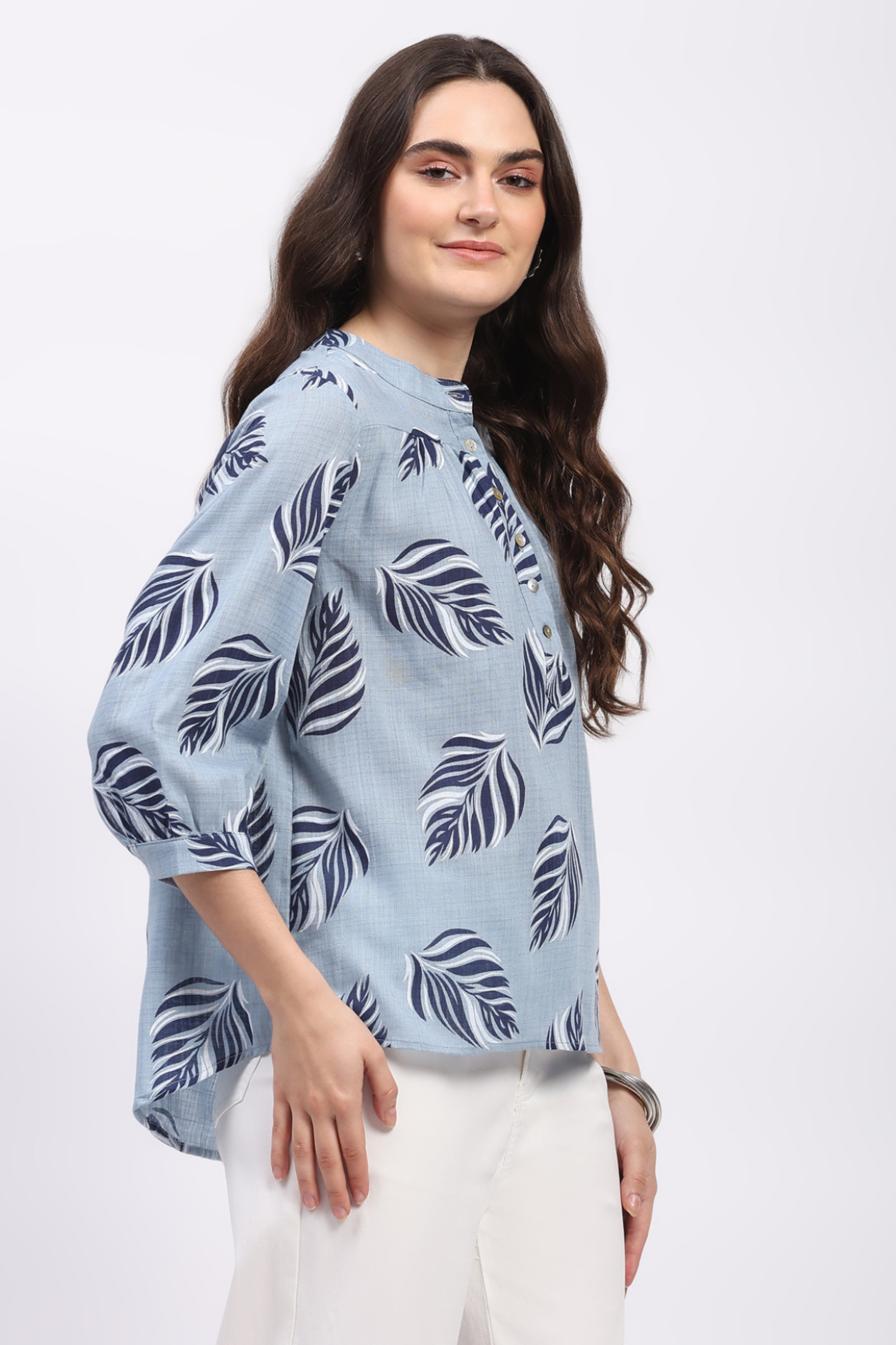 Sky Blue Leaf Print Cotton Top