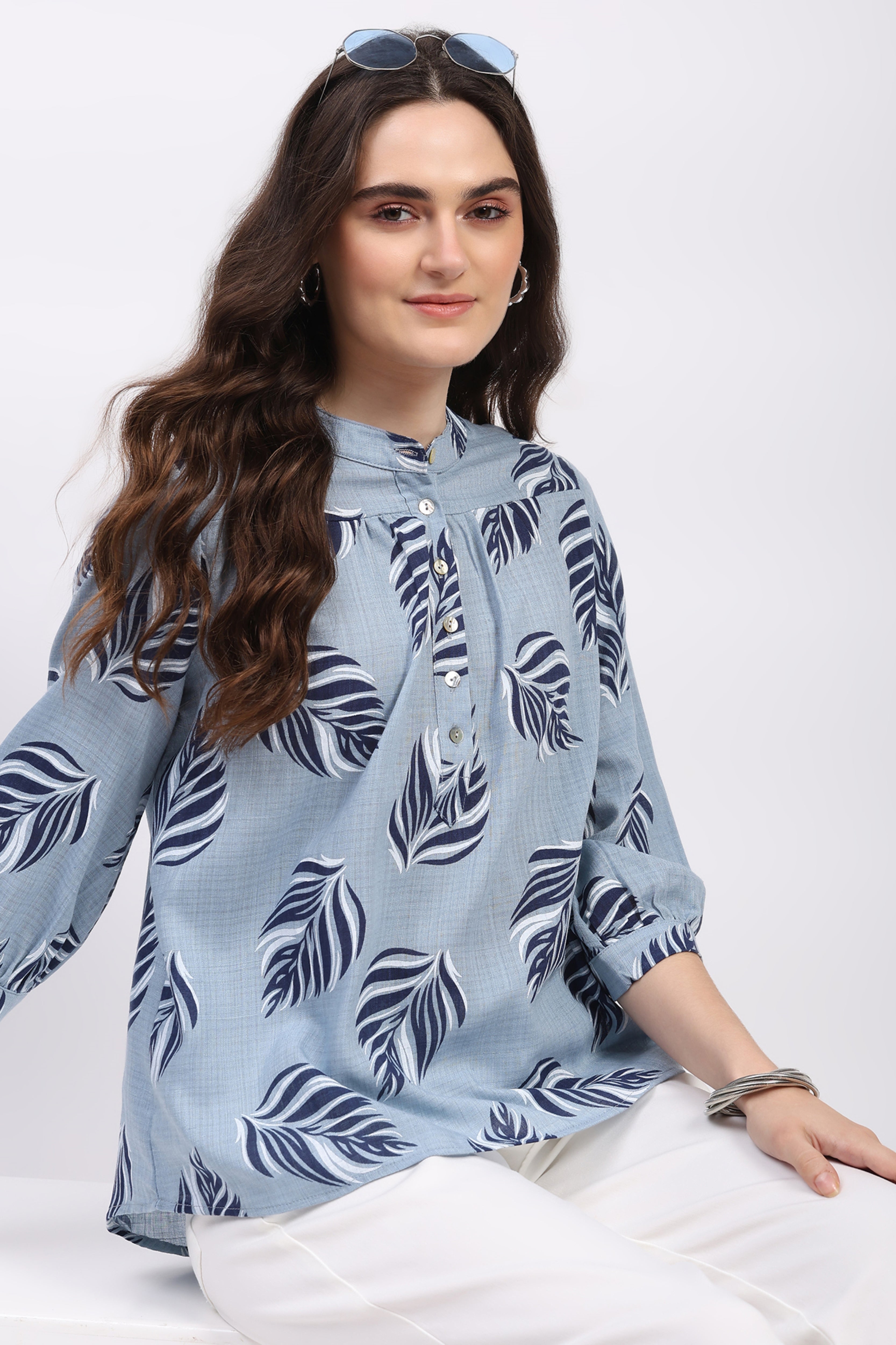 Sky Blue Leaf Print Cotton Top