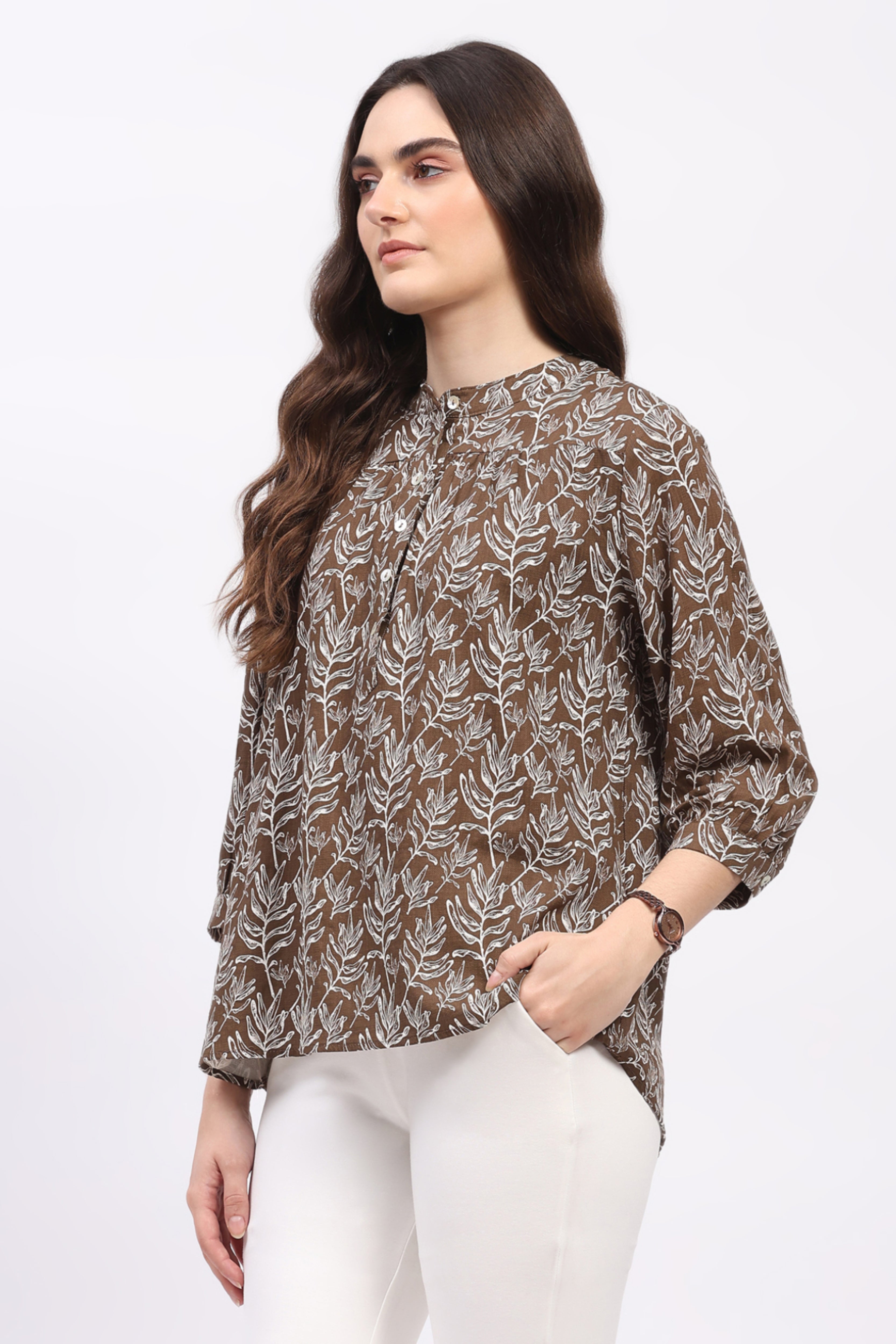 Coffee Brown Leaf Print Cotton Top