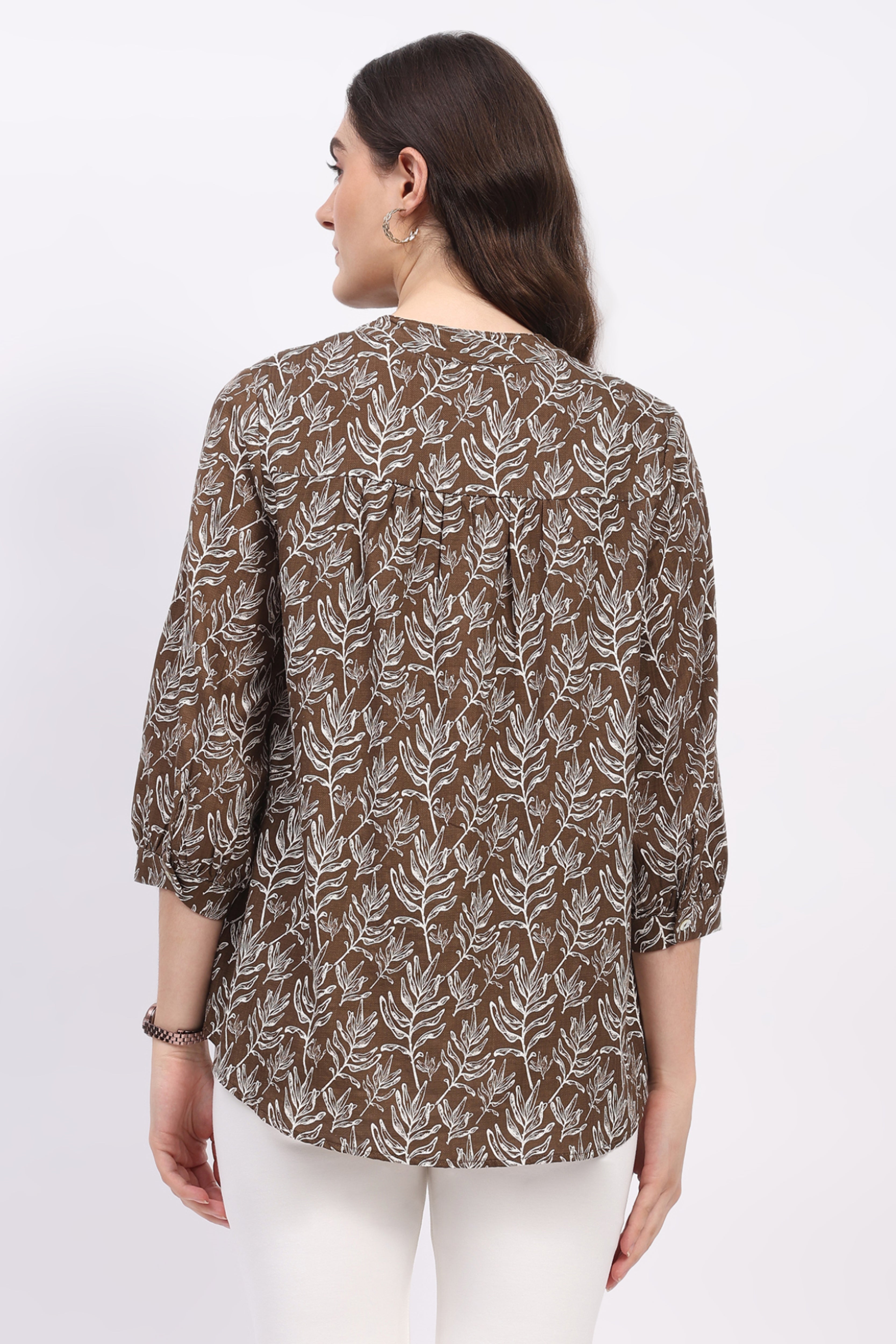 Coffee Brown Leaf Print Cotton Top