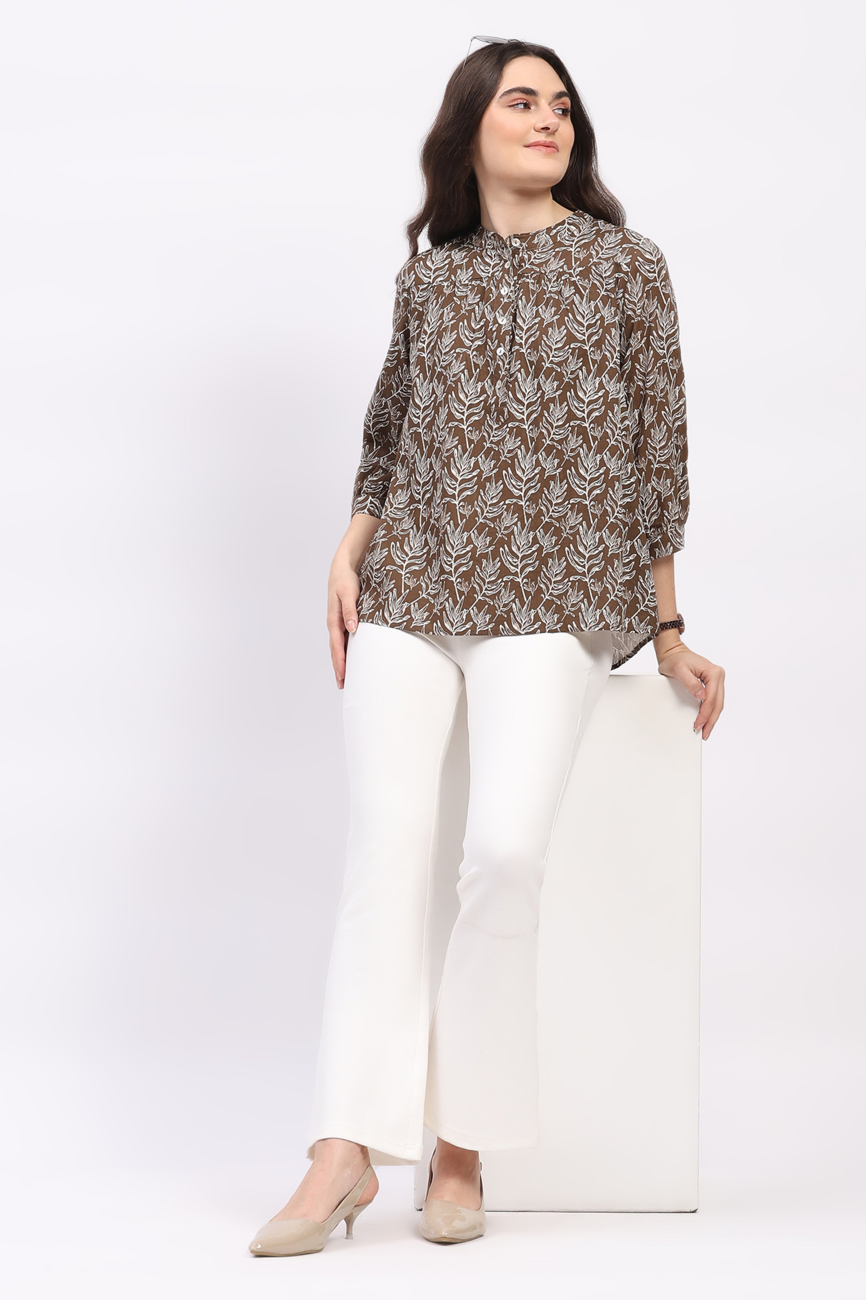 Coffee Brown Leaf Print Cotton Top