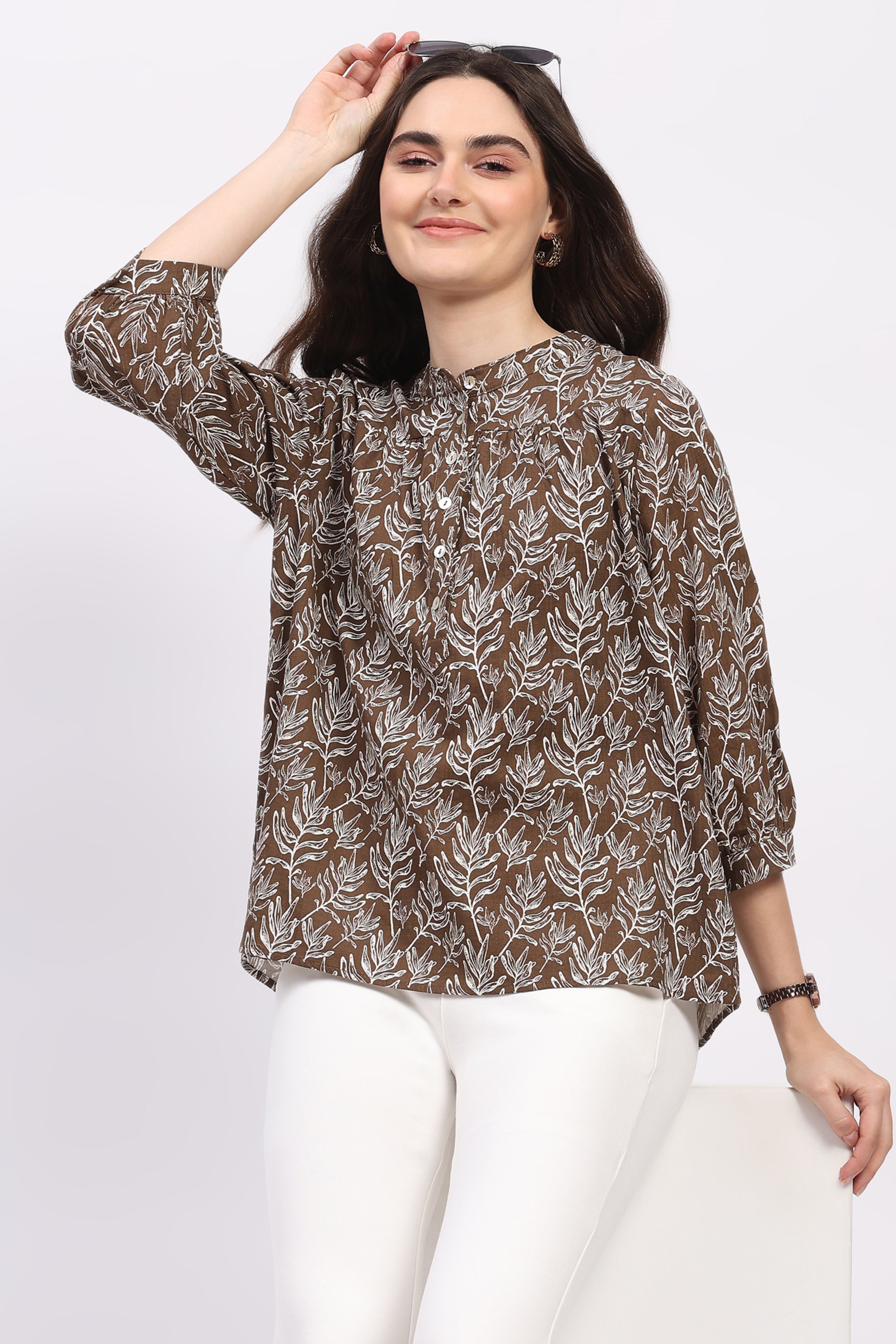 Coffee Brown Leaf Print Cotton Top