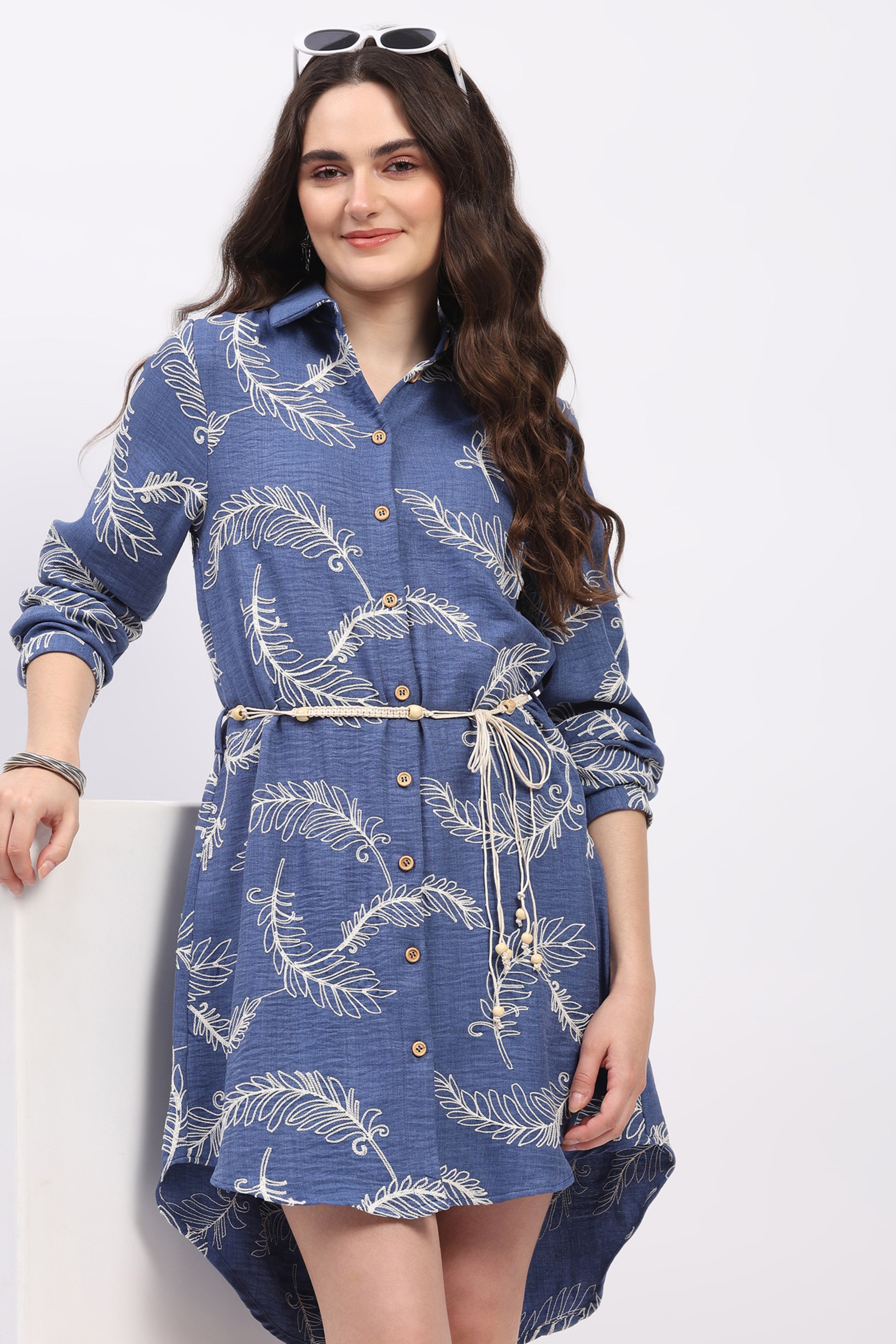Blue Embroidered High-Low Tunic