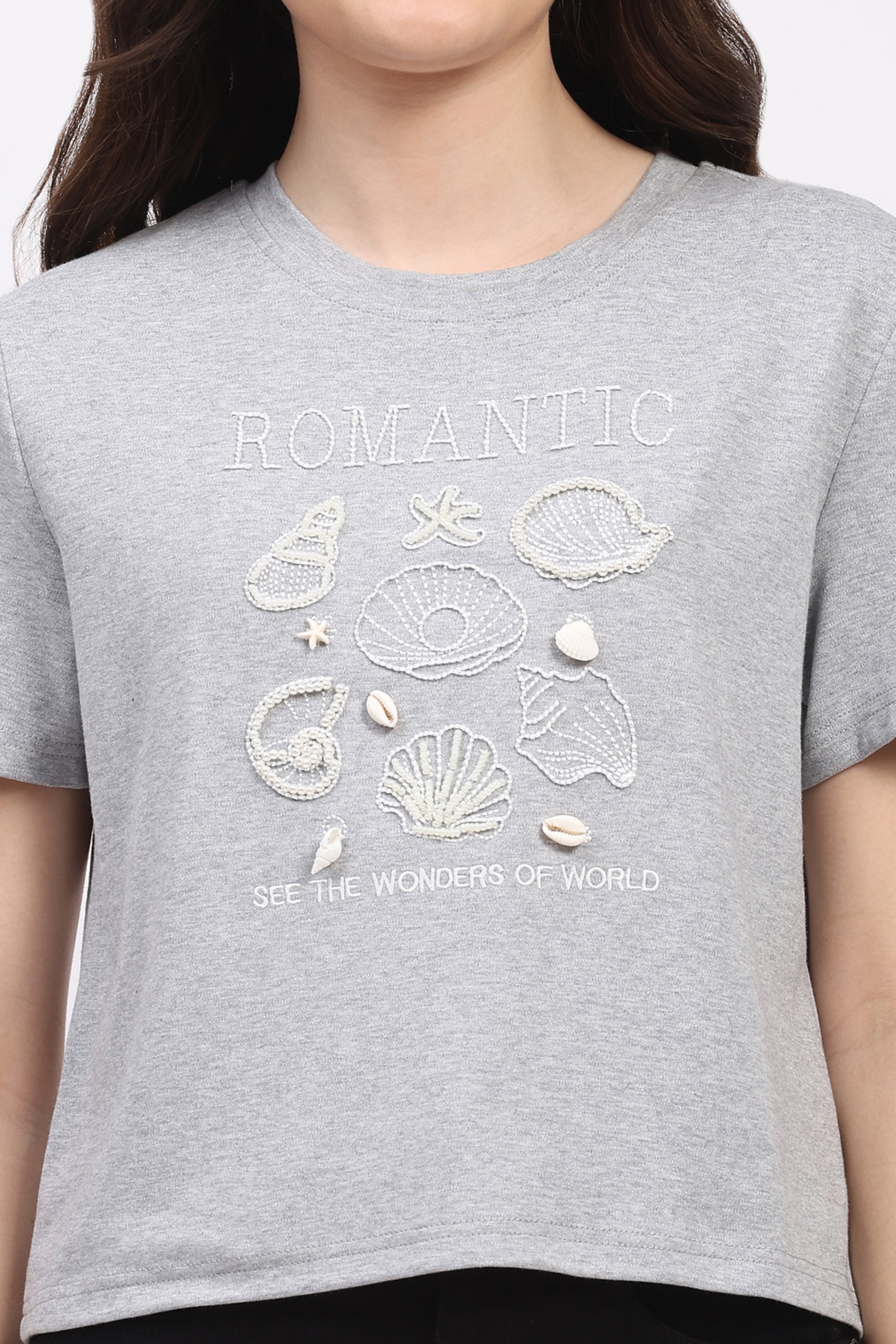 Grey Melange Embroidered Top