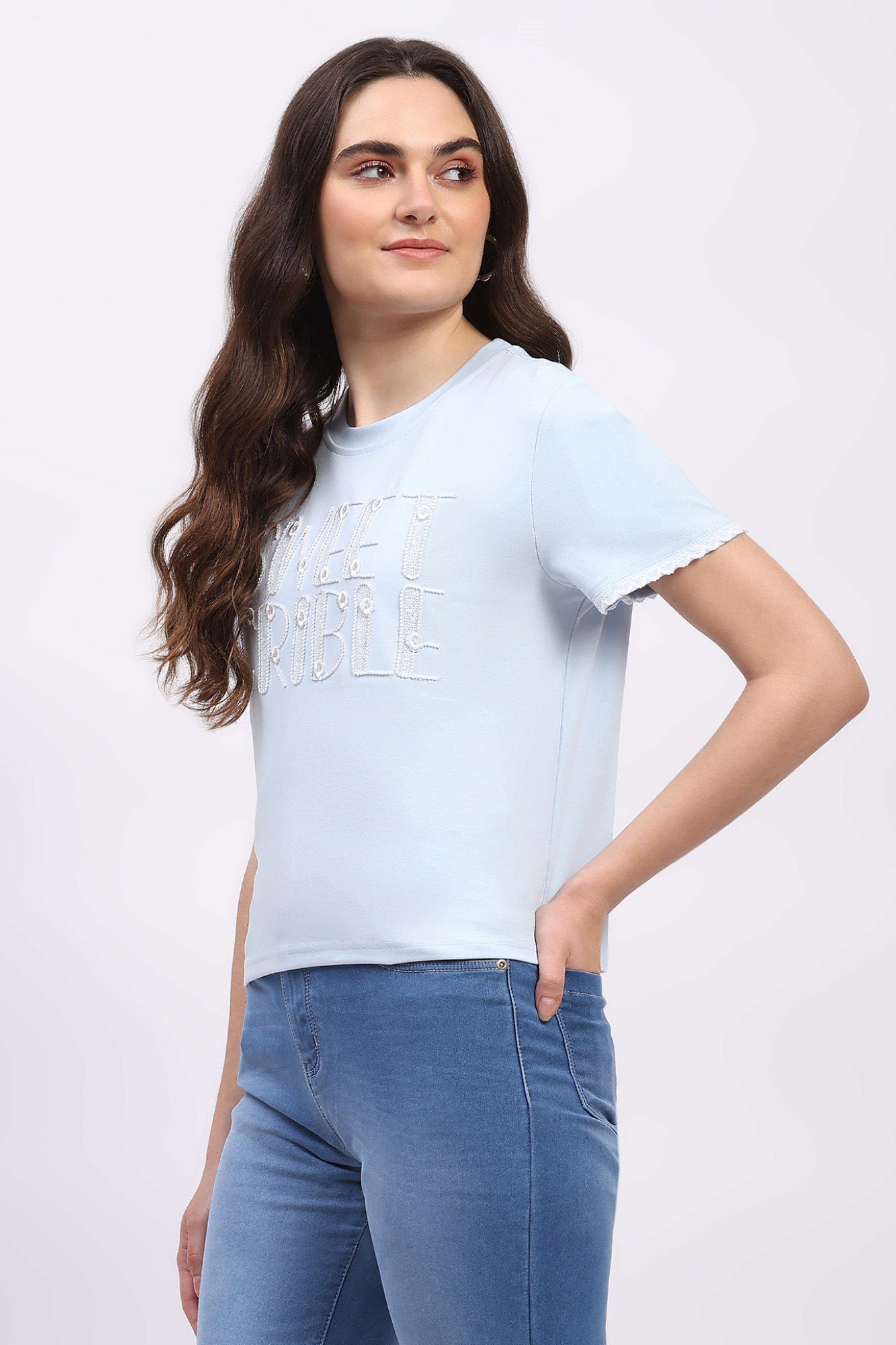 Powder Blue Embroidered Modal Blend Top