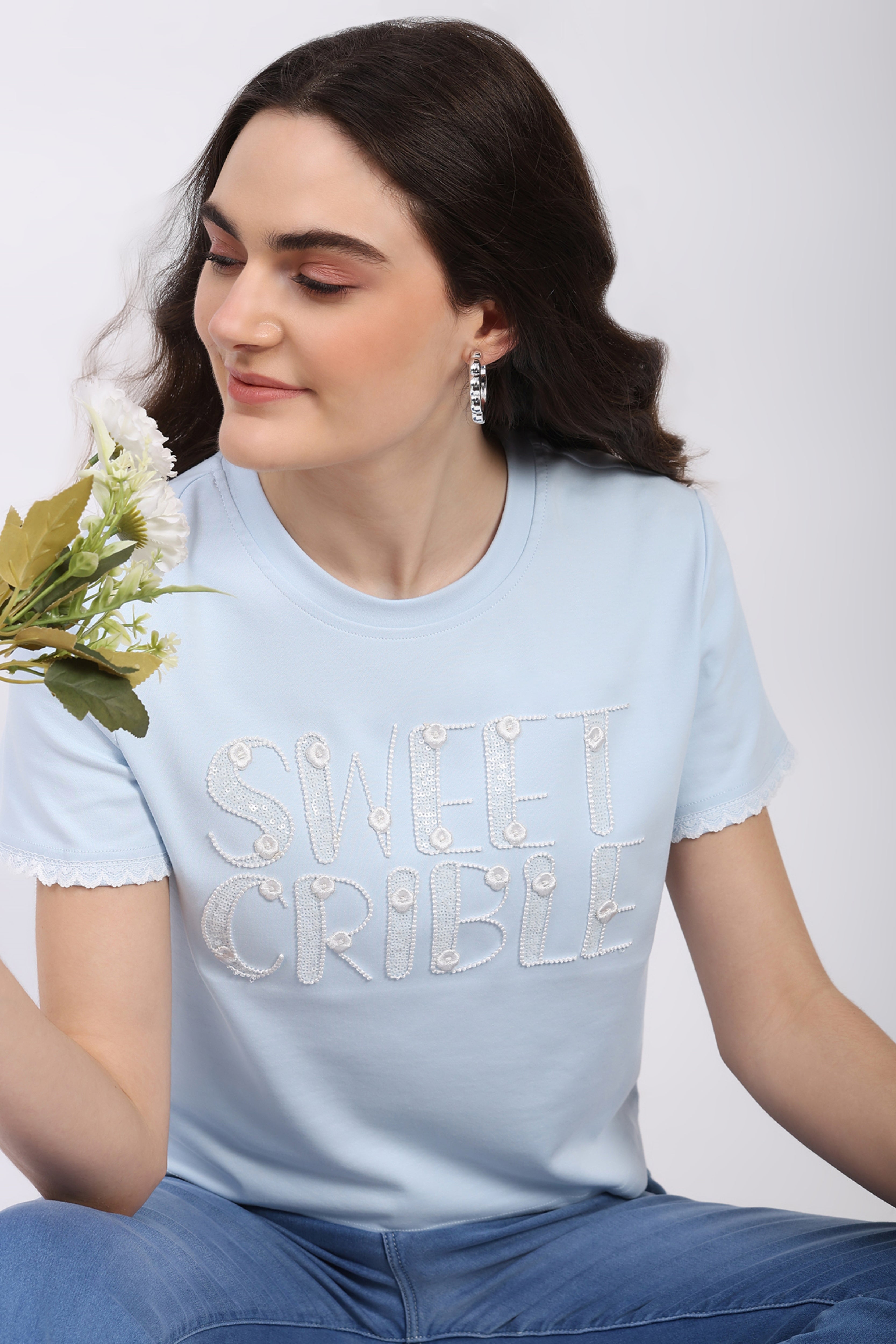 Powder Blue Embroidered Modal Blend Top