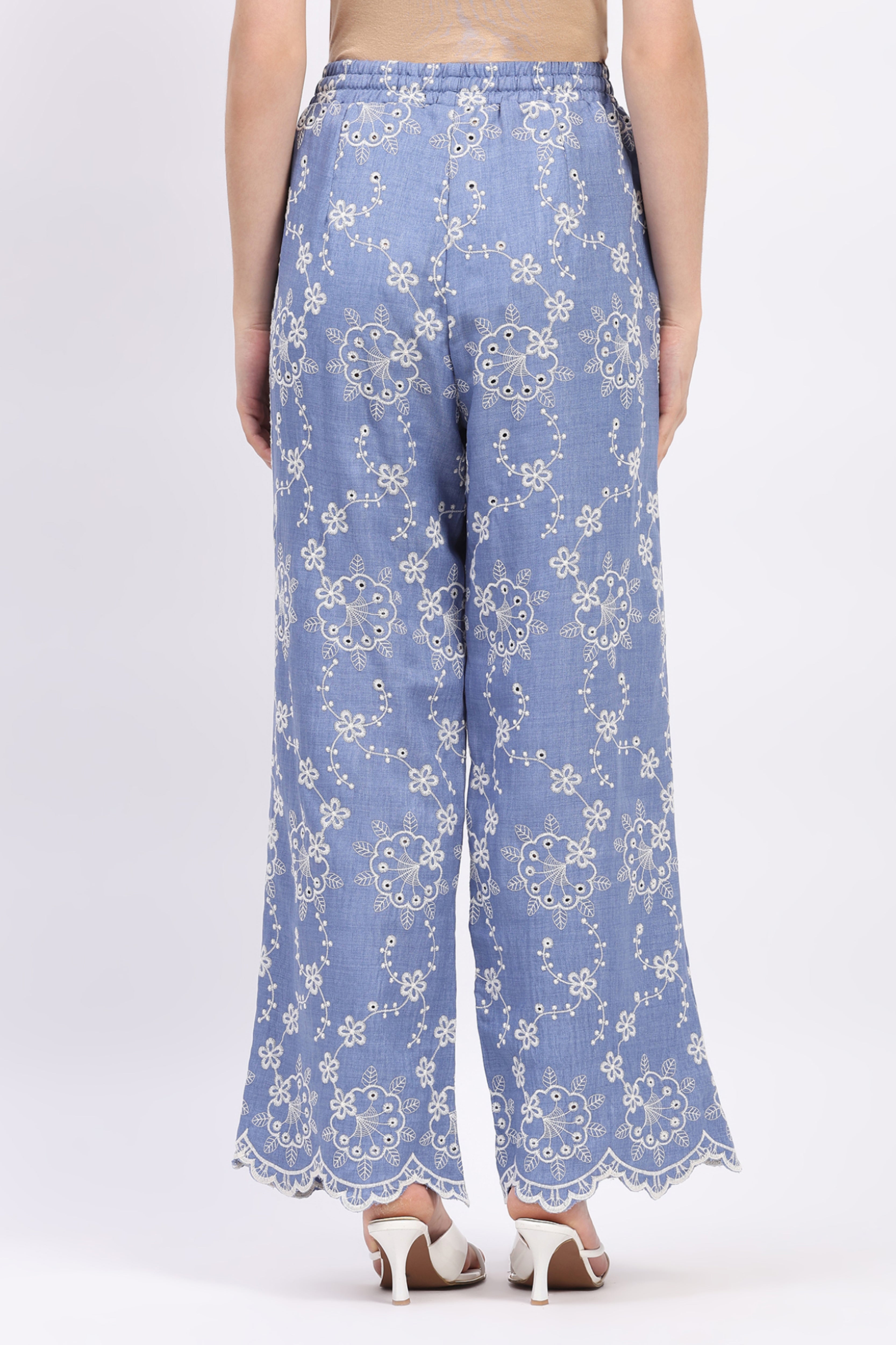 Blue Floral Embroidered Bishop-Sleeve Co-ord Set