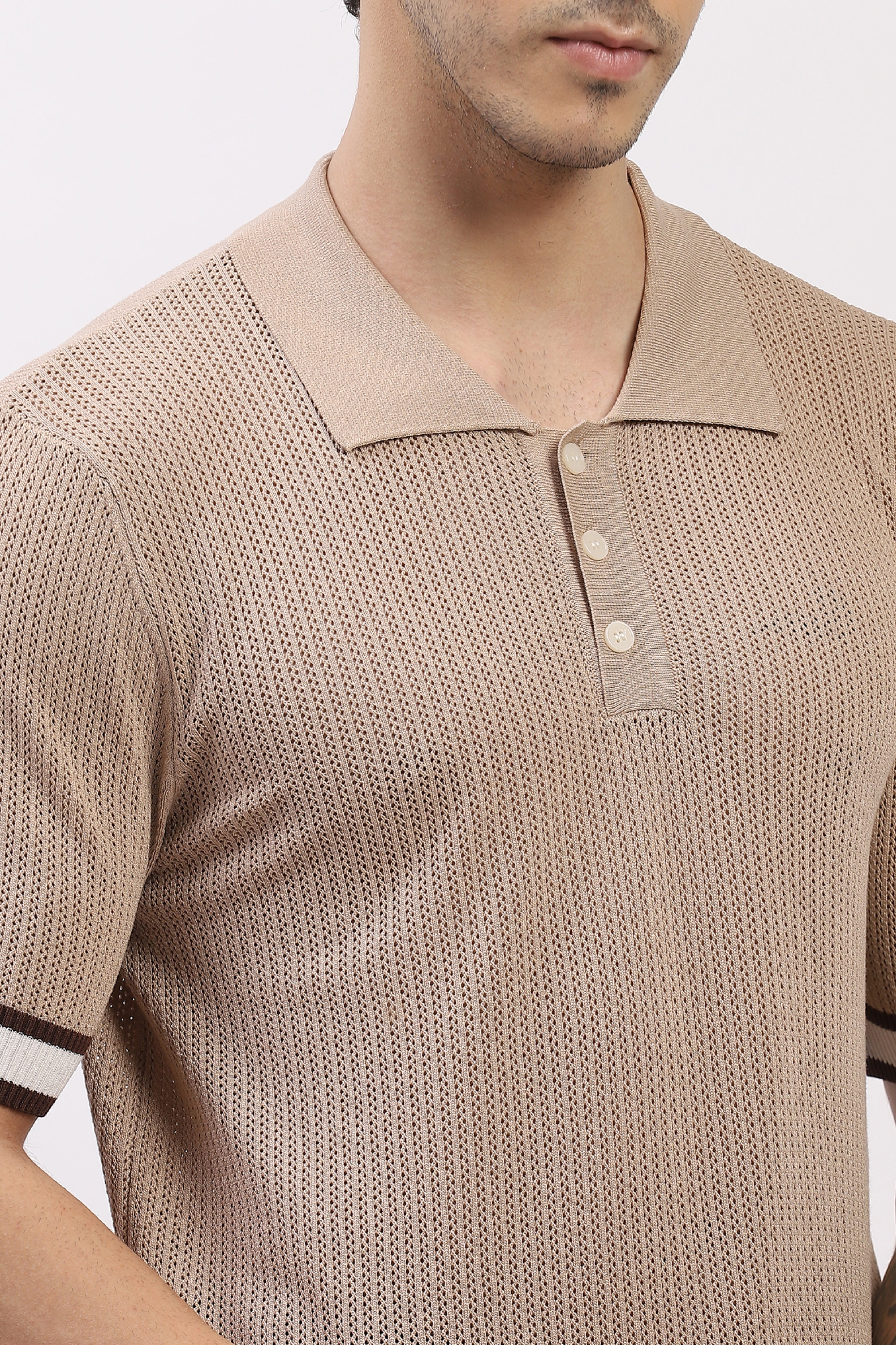 Beige Cotton Blend Polo T-Shirt