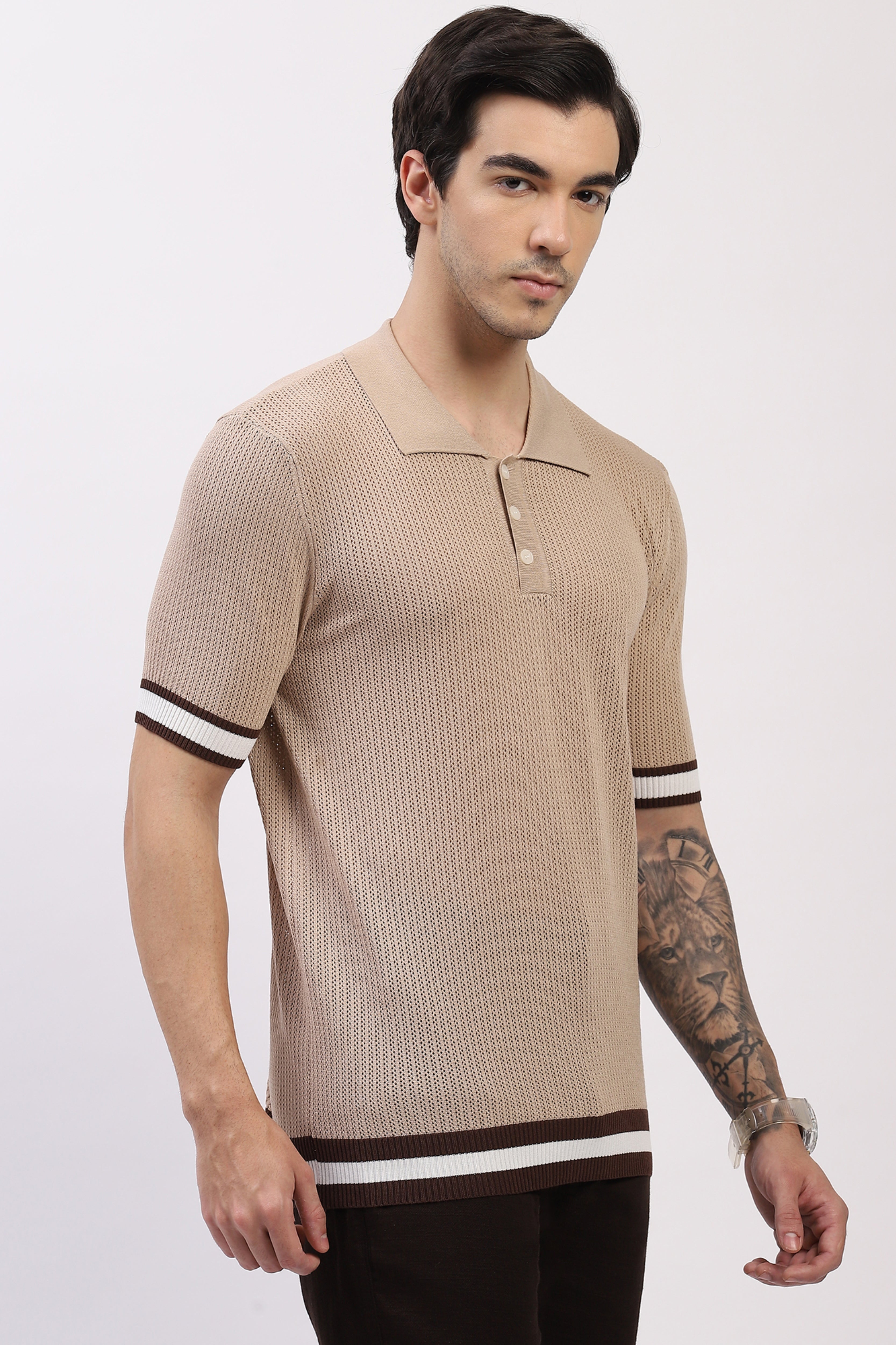 Beige Cotton Blend Polo T-Shirt