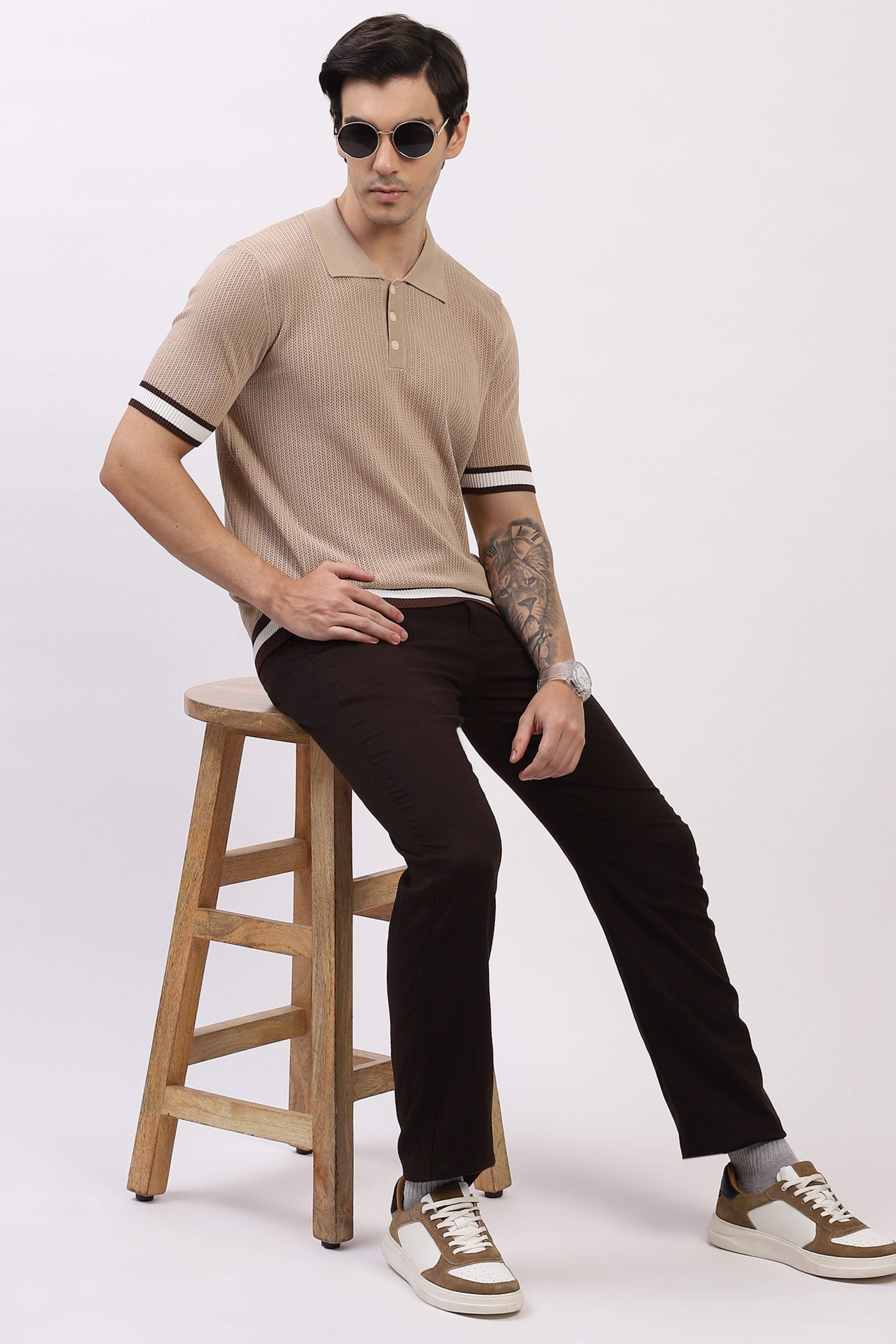 Beige Cotton Blend Polo T-Shirt