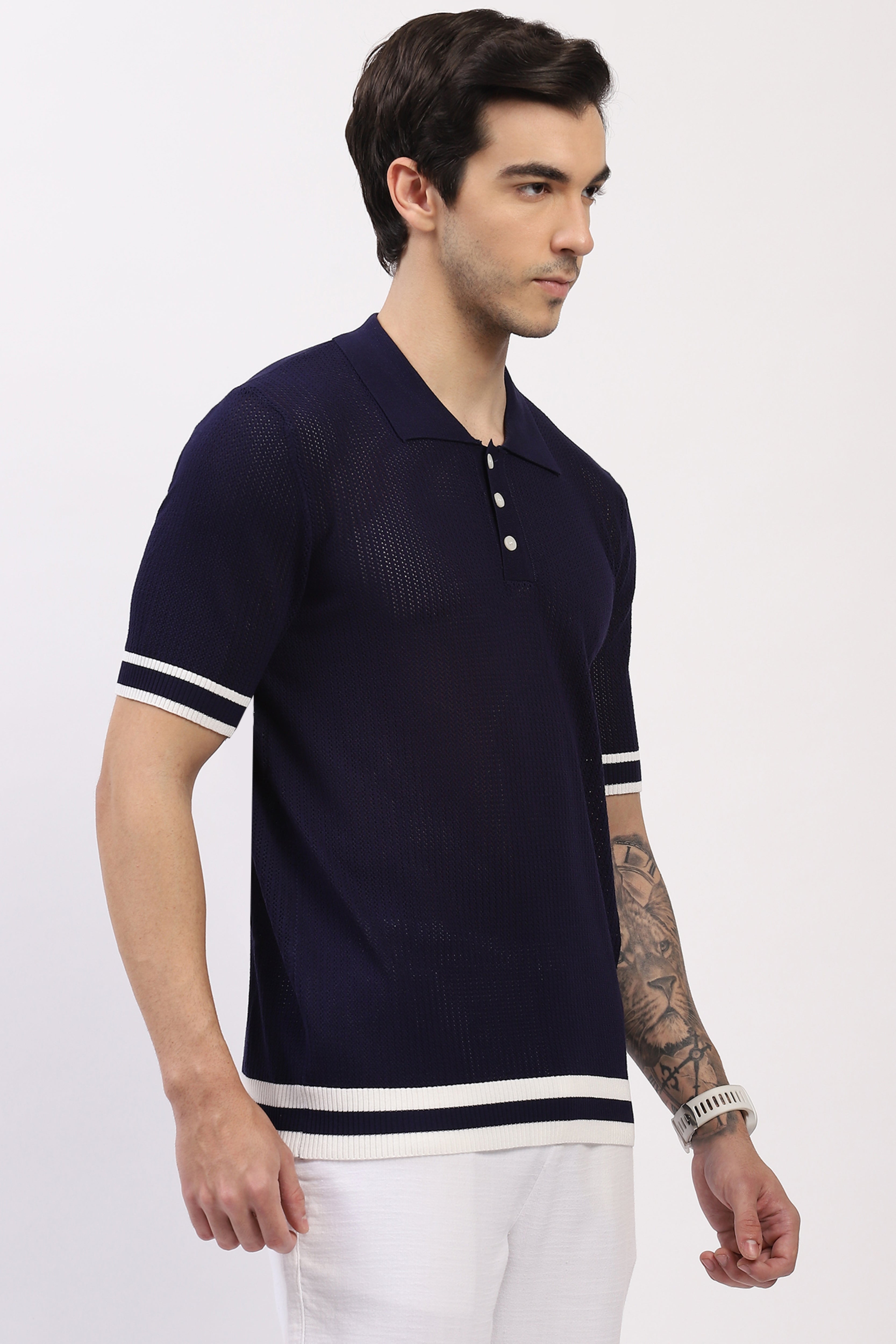 Navy Cotton Blend Polo T-Shirt