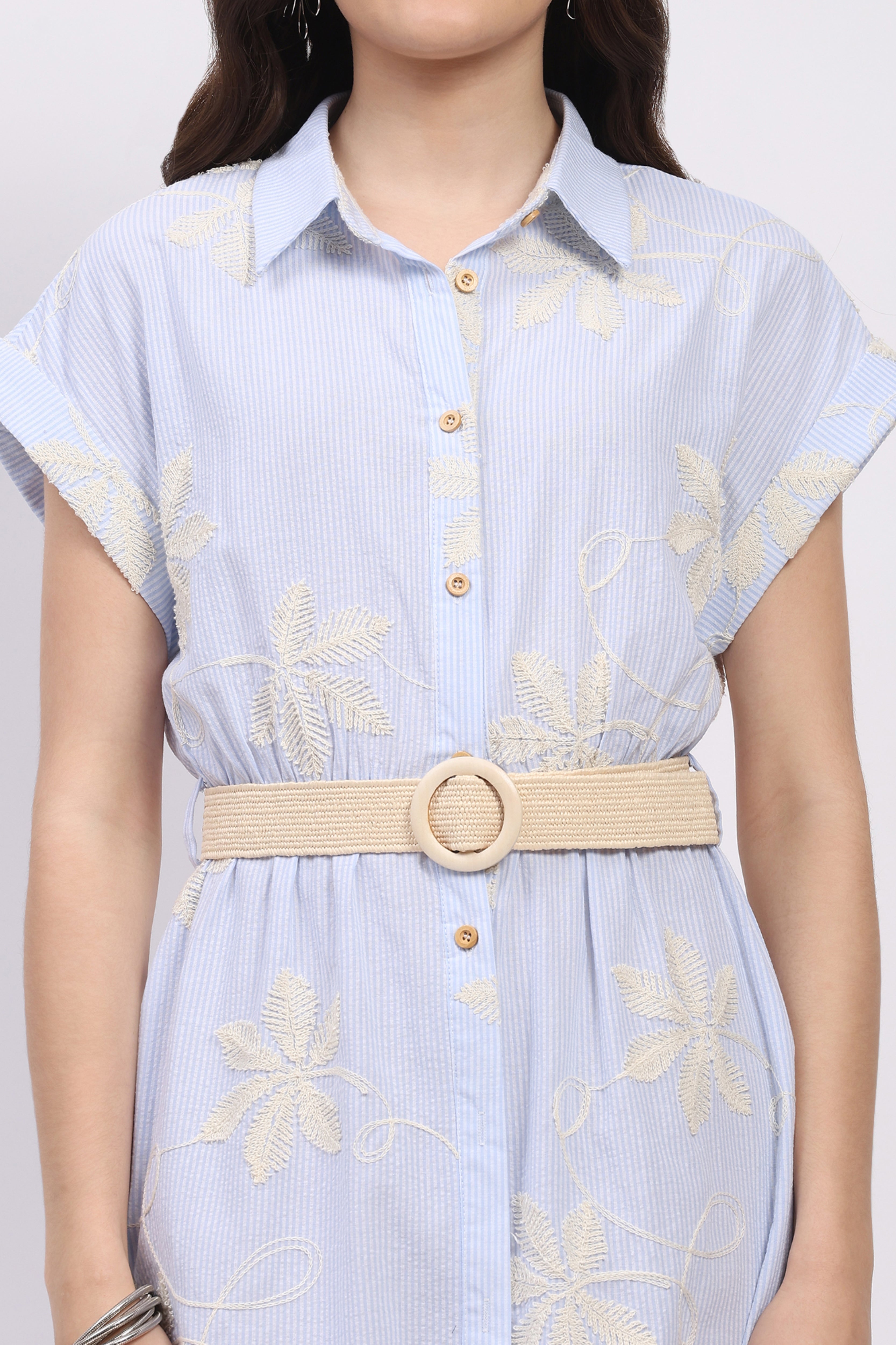 Sky Blue Floral Embroidered Shirt Dress